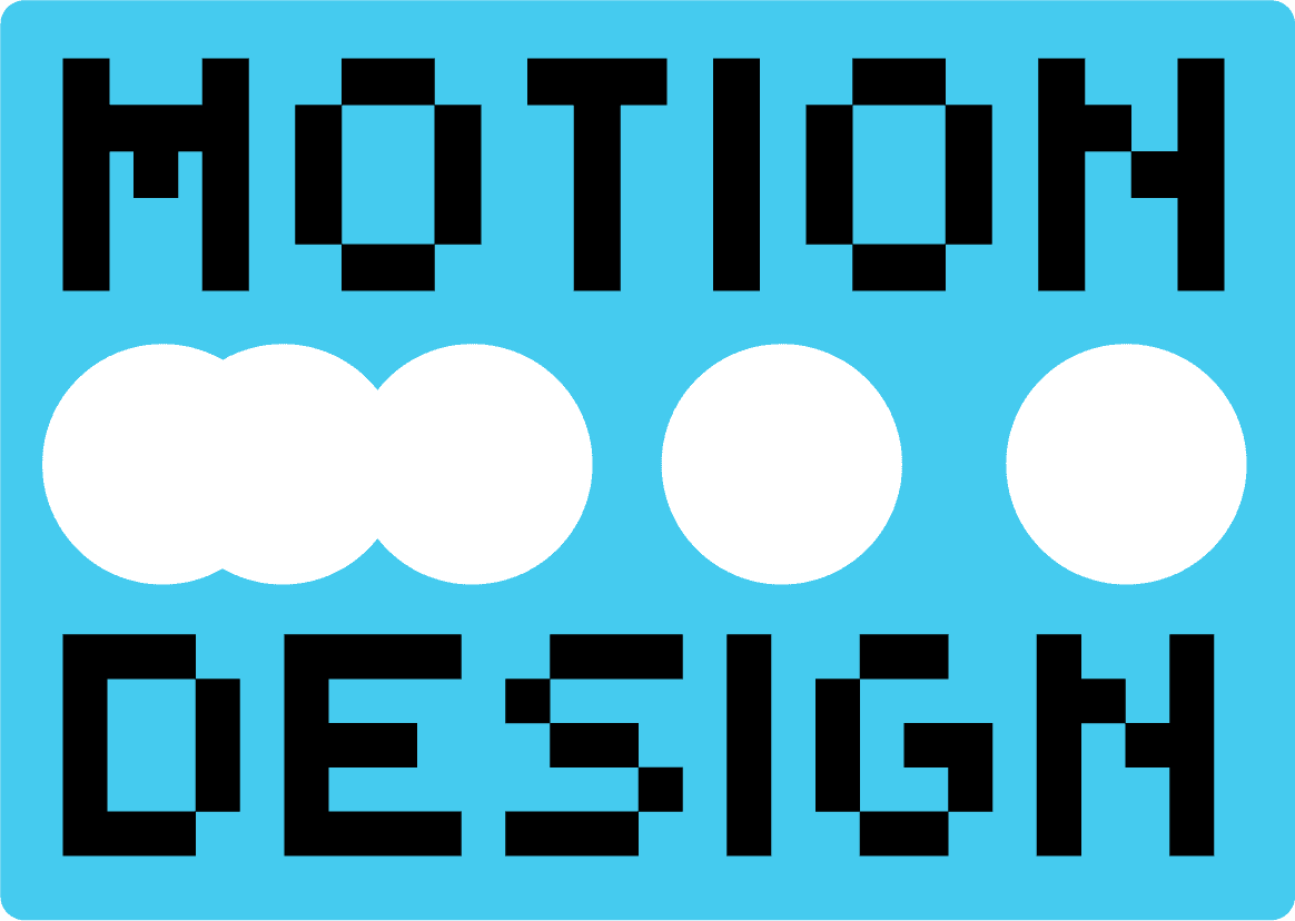 Black pixelated letters spelling "MOTION DESIGN" with white circles between the words on a blue background