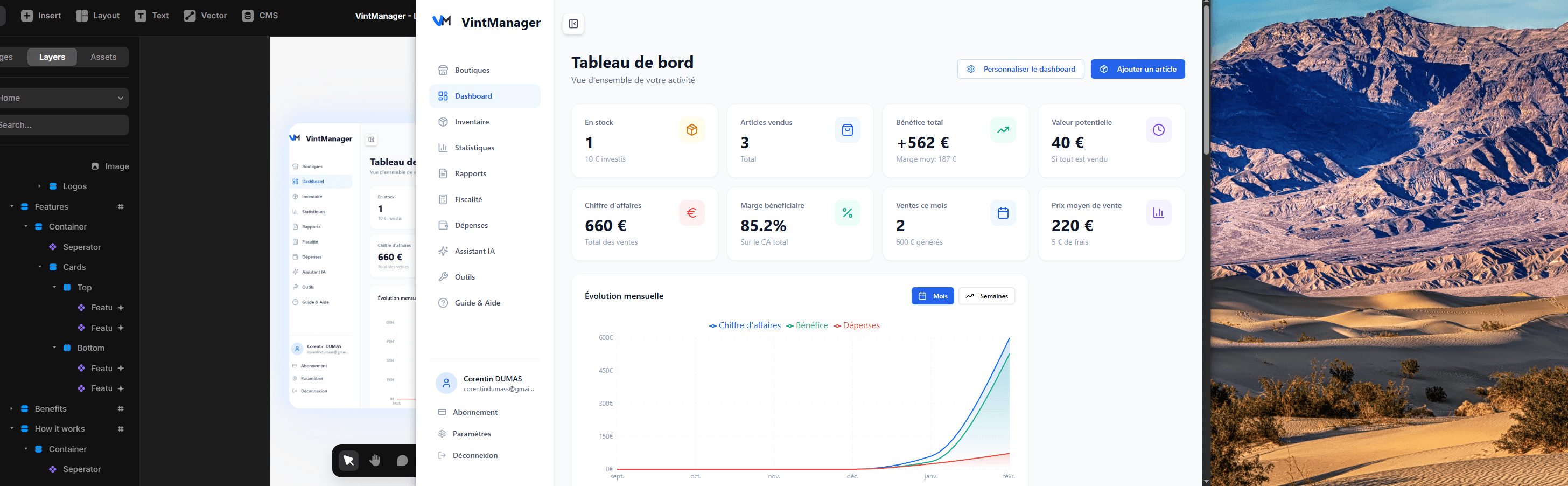 Business dashboard showing revenue, deals, customer list, growth chart, and new activity.