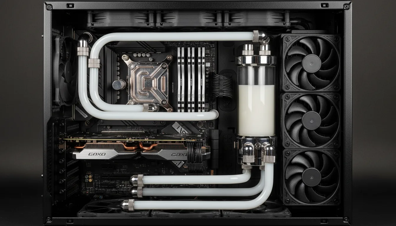 DSLR photograph, overhead shot of the interior of a meticulously assembled, high-performance prebuilt PC. Features a custom liquid cooling loop with thick, opaque milky-white coolant flowing through semi-rigid tubes. A black motherboard showcases two horizontally mounted graphics cards with custom water blocks and copper accents. Four sticks of RAM with prominent silver heat spreaders are seated next to a transparent CPU water block. On the right, a tall cylindrical reservoir is mounted next to a large radiator with black cooling fans. Soft studio lighting evenly illuminates the scene, highlighting the textures of the matte black components, braided cables, and polished chrome fittings. The entire image is in sharp focus, capturing extreme detail of the computer hardware.