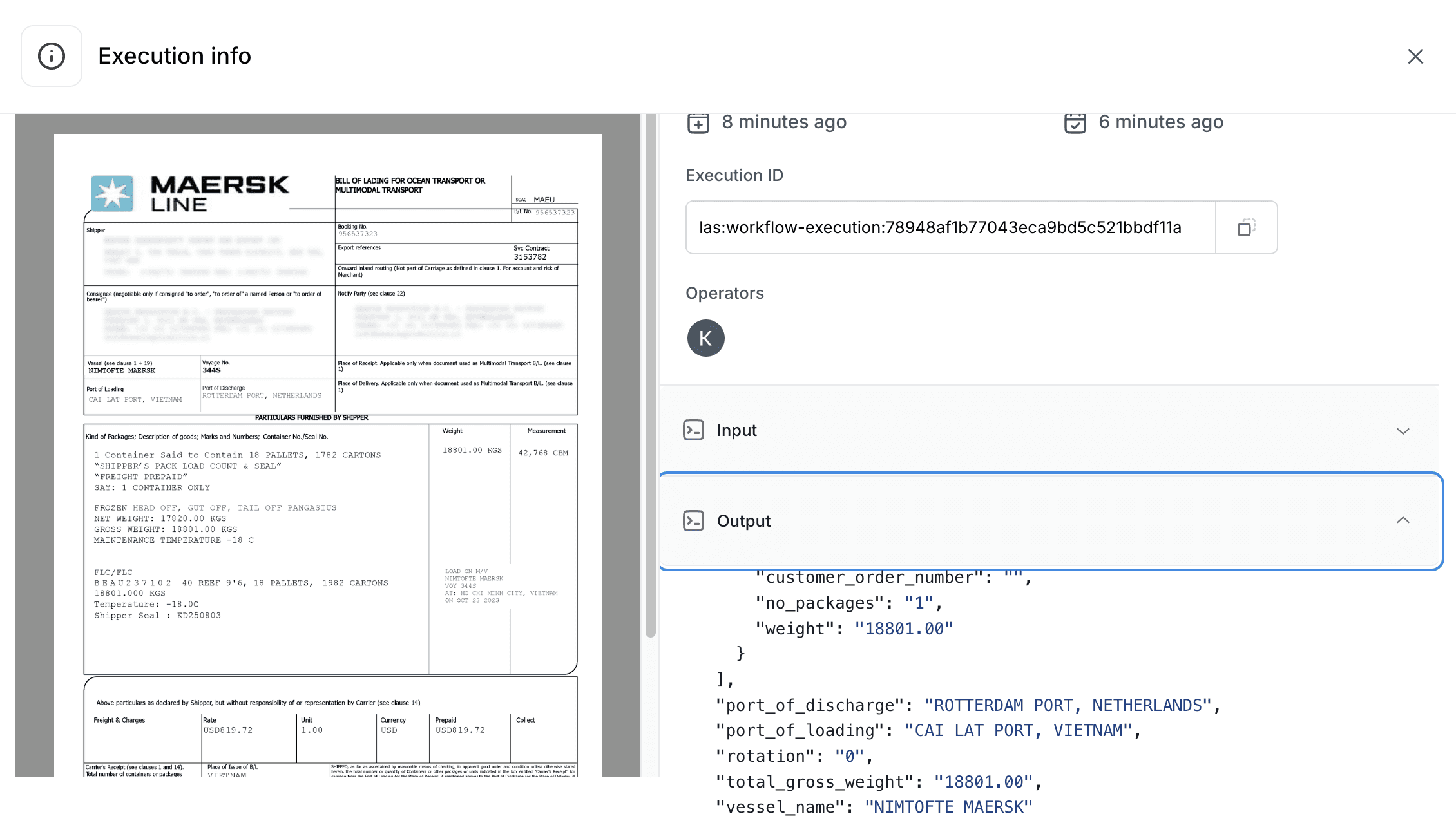 Screenshot of the document its JSON output inside Cradl AI