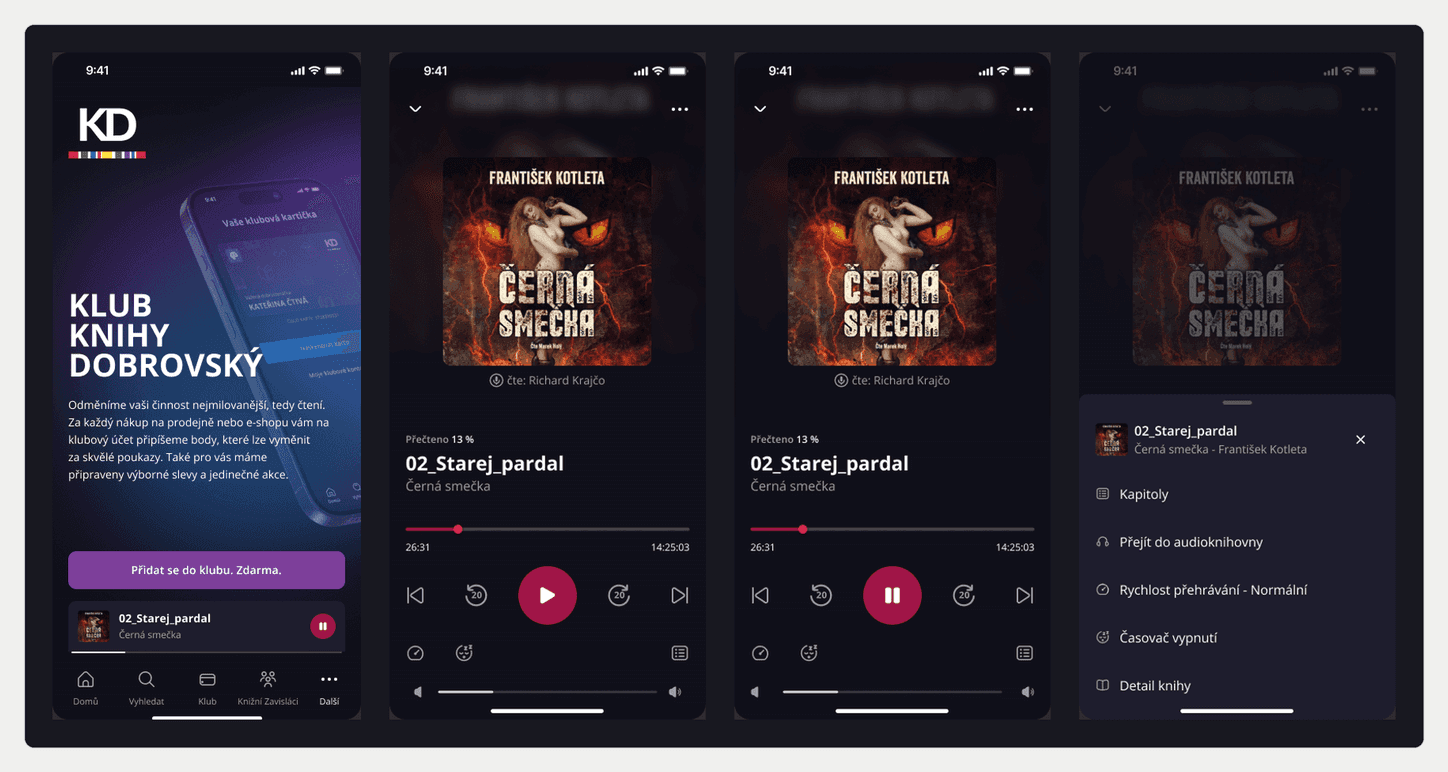 Přehrávač audioknih: minimalizace, výchozí stav, přehrávání a nabídka možností