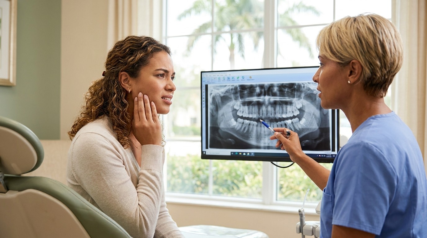 Palm Beach Gardens dentist showing a patient impacted wisdom teeth on a panoramic x-ray