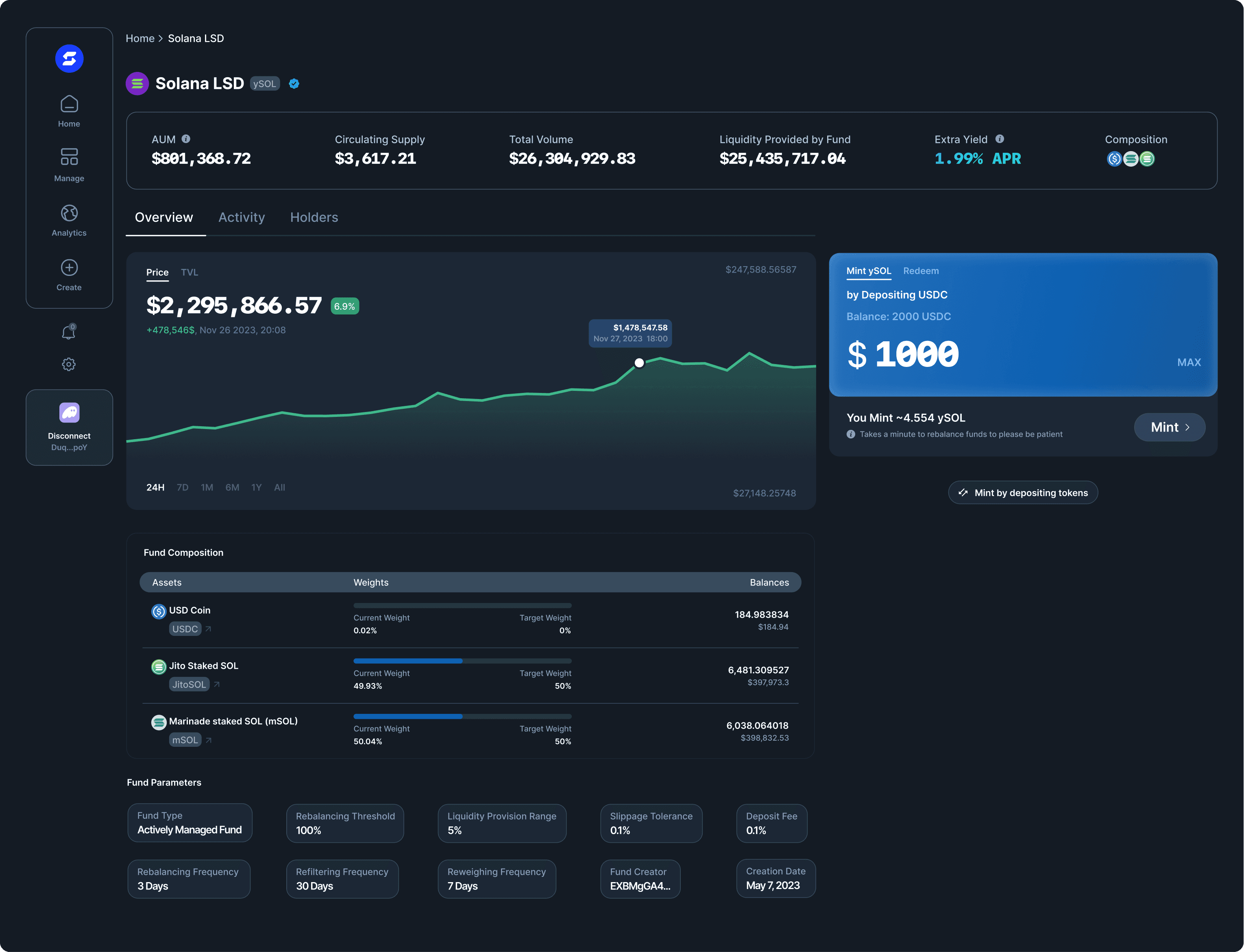 Crypto trading dashboard showing balance and performance