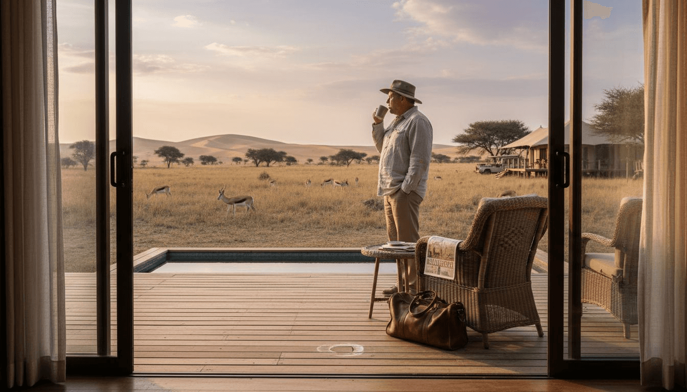 Guest on Namibia safari lodge deck with view