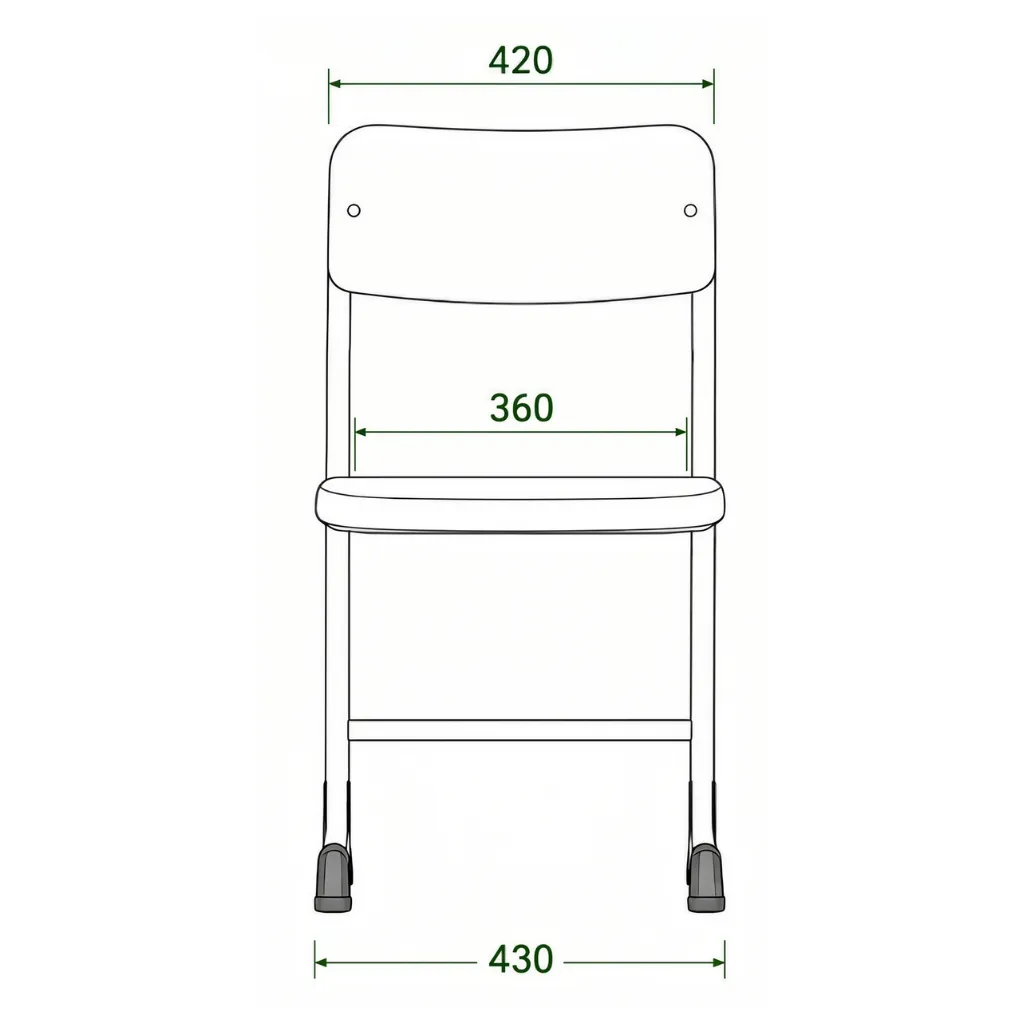 Classic school chair front view with width and backrest dimensions