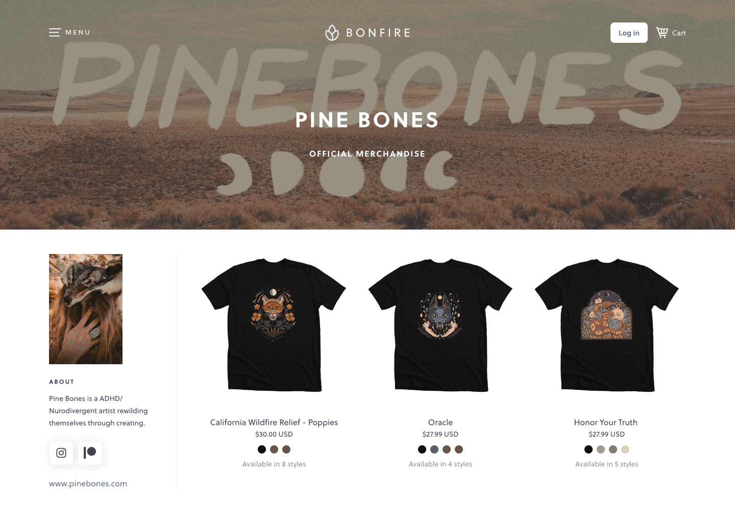 Pine Bones official merchandise website showcasing t-shirts with nature-inspired designs.  Shop now!