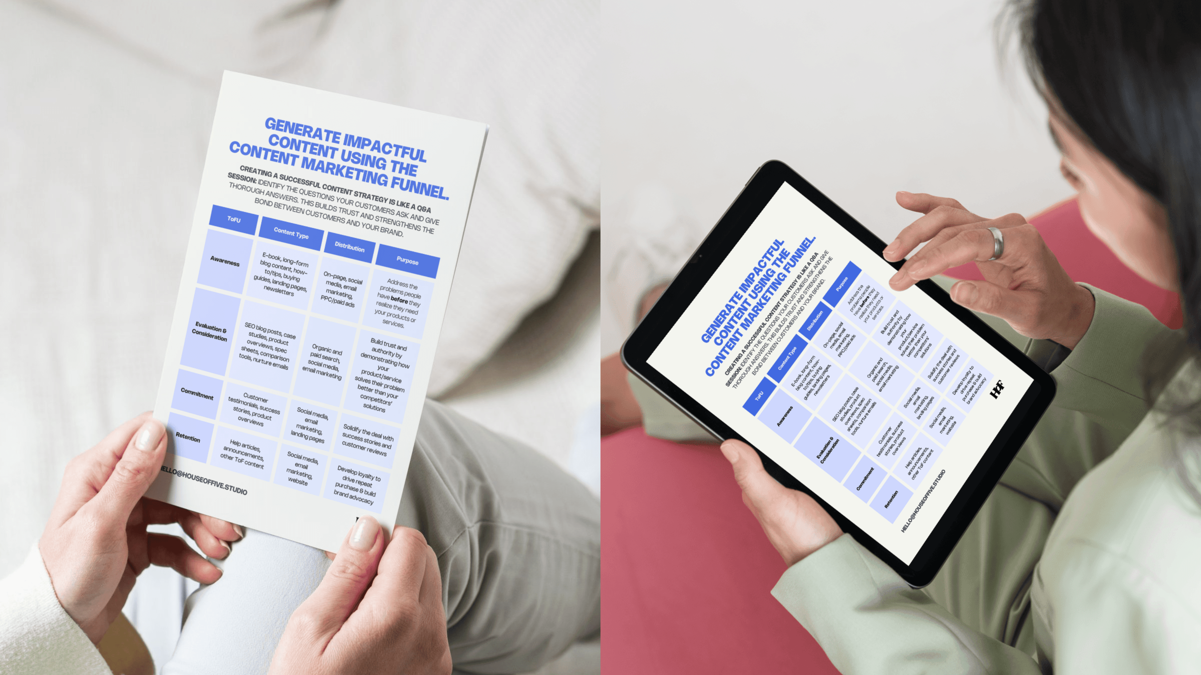 Image split into two - left side showing hands holding a paper showing a content marketing funnel document. The right side is showing a person holding a tablet, tapping the screen with their finger while reading the content marketing funnel document.