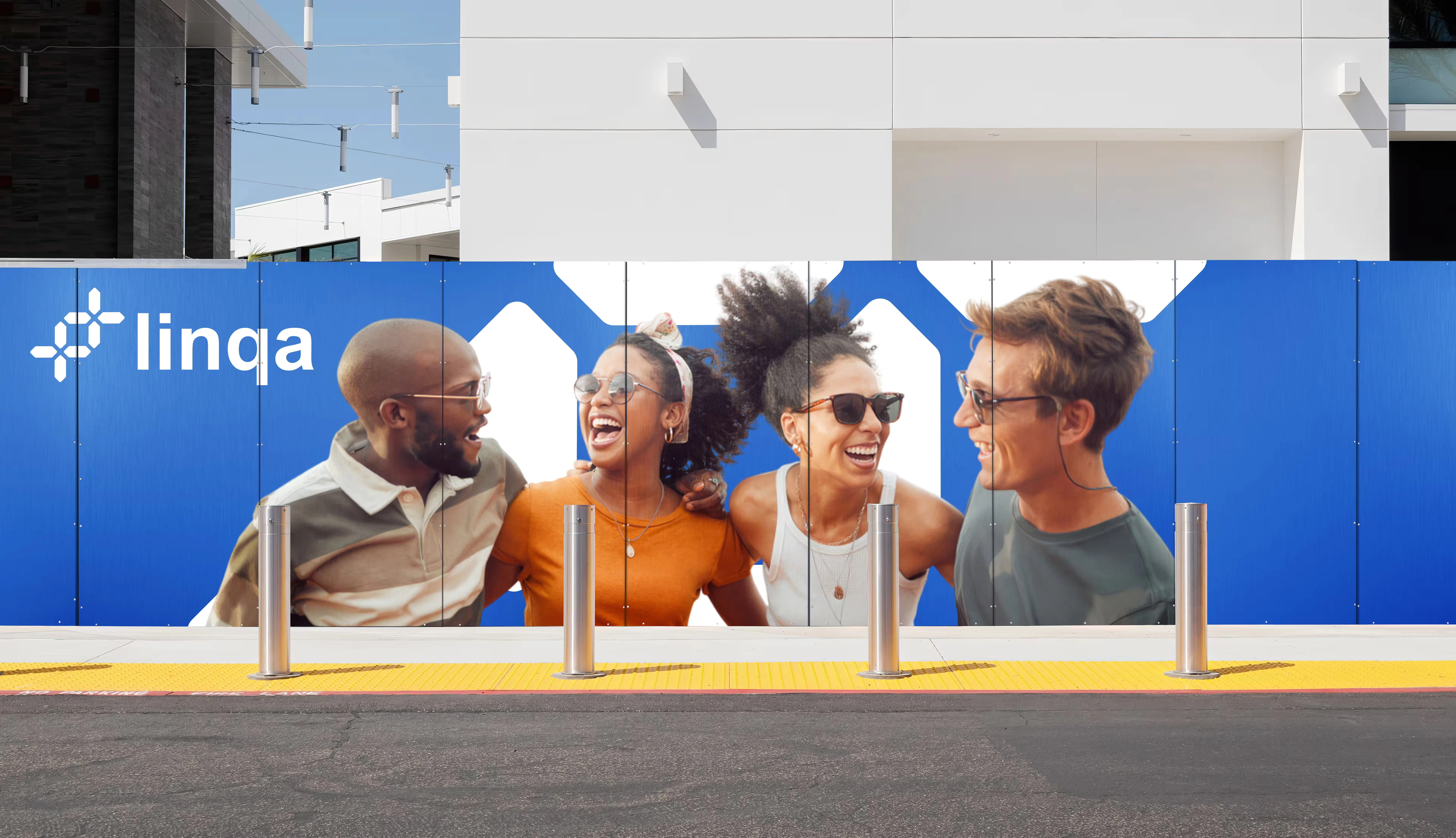 Linqa community members socializing and building real-life connections at an exclusive offline meetup event.People connecting and laughing together in front of a Linqa billboard, illustrating AI-powered social discovery and real human connection Linqa community members socializing and building real-life connections at an exclusive offline meetup event.