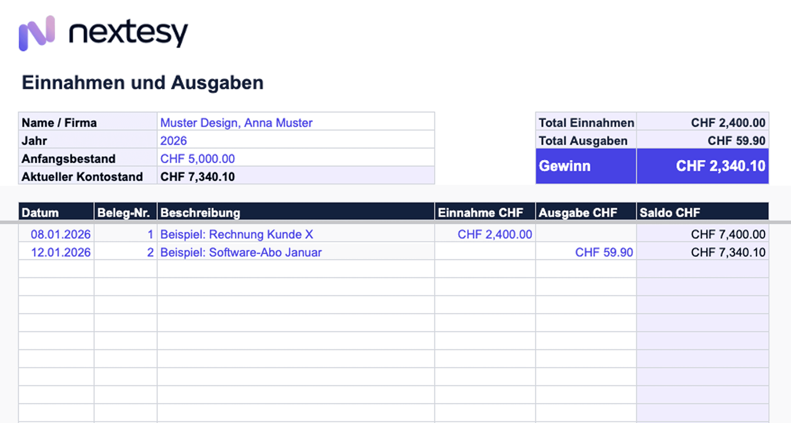 Einfache gratis Excel-Vorlage für eine Einnahmen-Ausgaben-Rechnung zum Kopieren und Herunterladen