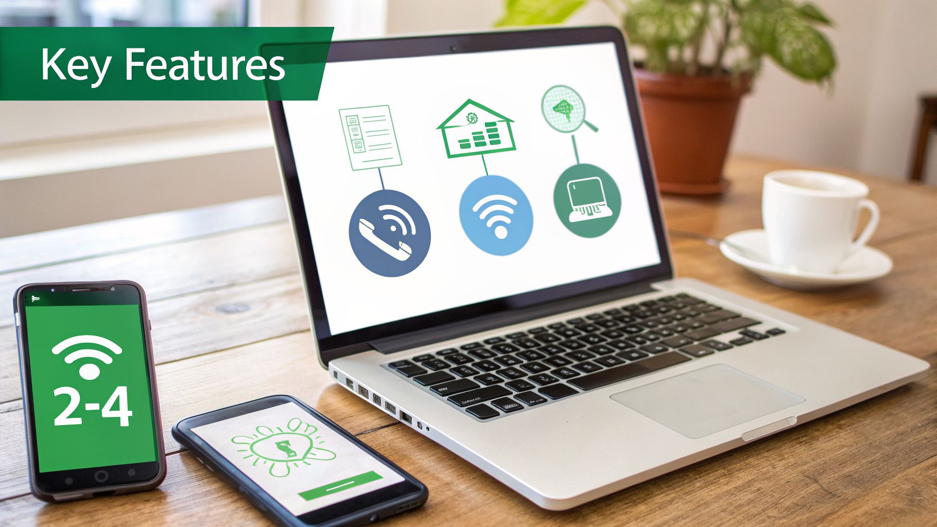 Desk with laptop and smartphones displaying icons related to billing, Wi-Fi, and network system features.