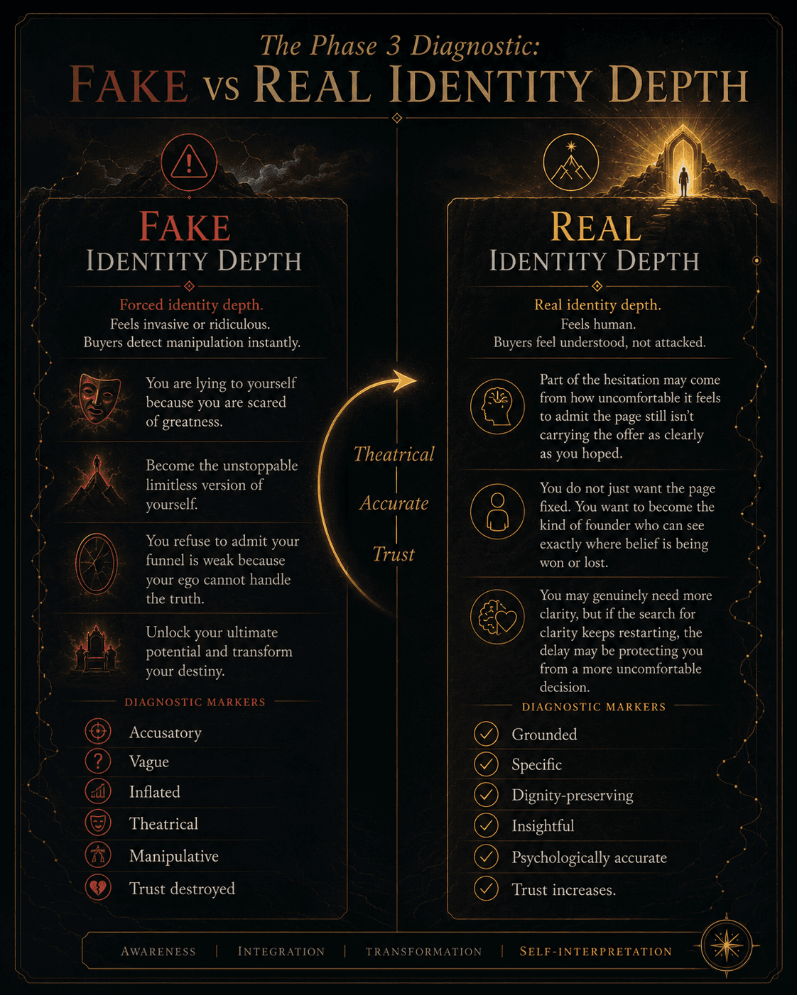 “The Phase 3 Diagnostic: Fake vs Real Identity Depth” Concept: A split-screen comparison showing the difference between manufactured identity depth and real psychological accuracy.  Left side (Fake Identity Depth — Red/Desaturated): Overly dramatic, theatrical, or accusatory messaging:  “You are lying to yourself because you are scared of greatness.”  “Become the unstoppable limitless version of yourself.”  “You refuse to admit your funnel is weak because your ego cannot handle the truth.”  “Unlock your ultimate potential and transform your destiny.”  Diagnostic markers: “Accusatory,” “Vague,” “Inflated,” “Theatrical,” “Manipulative,” “Trust destroyed.” Label: “Forced identity depth. Feels invasive or ridiculous. Buyers detect manipulation instantly.”  Right side (Real Identity Depth — Gold/Glowing): Calm, specific, psychologically accurate, dignity-preserving messaging:  “Part of the hesitation may come from how uncomfortable it feels to admit the page still isn't carrying the offer as clearly as you hoped.”  “You do not just want the page fixed. You want to become the kind of founder who can see exactly where belief is being won or lost.”  “You may genuinely need more clarity, but if the search for clarity keeps restarting, the delay may be protecting you from a more uncomfortable decision.”  Diagnostic markers: “Grounded,” “Specific,” “Dignity-preserving,” “Insightful,” “Psychologically accurate,” “Trust increases.” Label: “Real identity depth. Feels human. Buyers feel understood, not attacked.”  A curved arrow points from left to right with the word: “Theatrical → Accurate → Trust.”  Style: Dark charcoal background. Left side: desaturated red/grey, dramatic fonts, warning symbols. Right side: warm gold/amber, calm fonts, checkmarks.  Interaction: Hovering the left side reveals why each example feels fake (accusatory, vague, inflated, theatrical). Hovering the right side reveals the psychological principle behind why it works (grounded, specific, dignity-preserving, accurate). A toggle switches between “Fake Identity Depth” and “Real Identity Depth.”