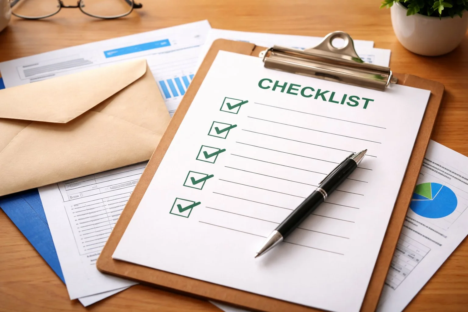 Clipboard with a checklist showing several boxes checked, accompanied by an envelope and supporting documents, symbolizing a proactive response.