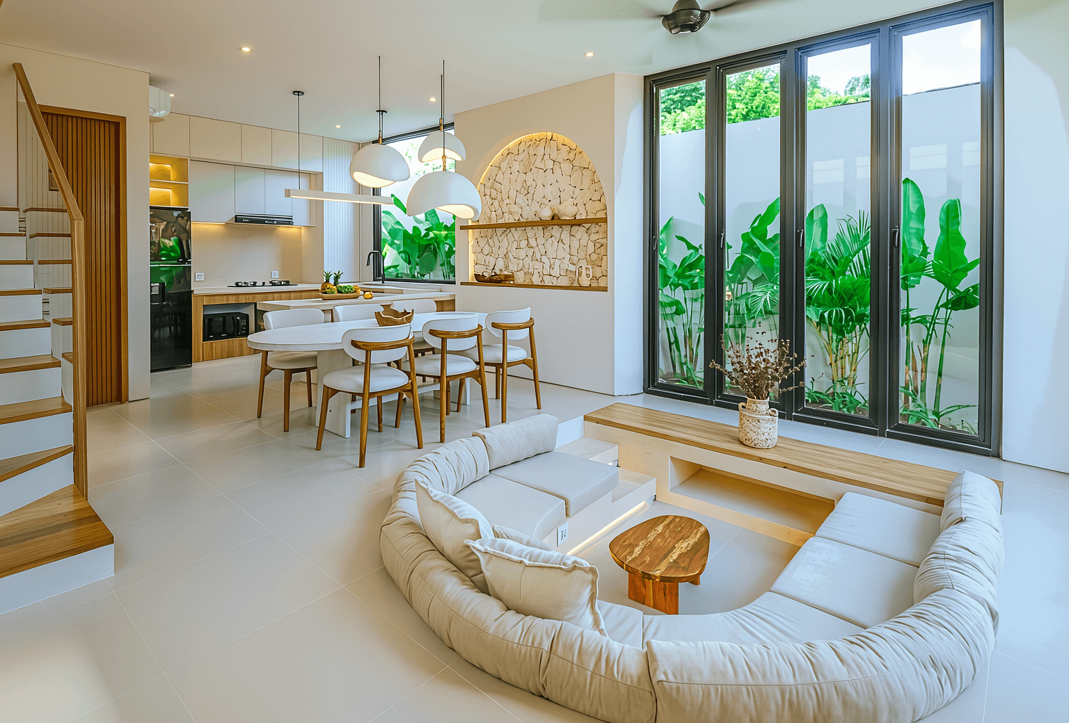 Unique sunken living room and modern kitchen in a high-end Uluwatu property listed for sale.