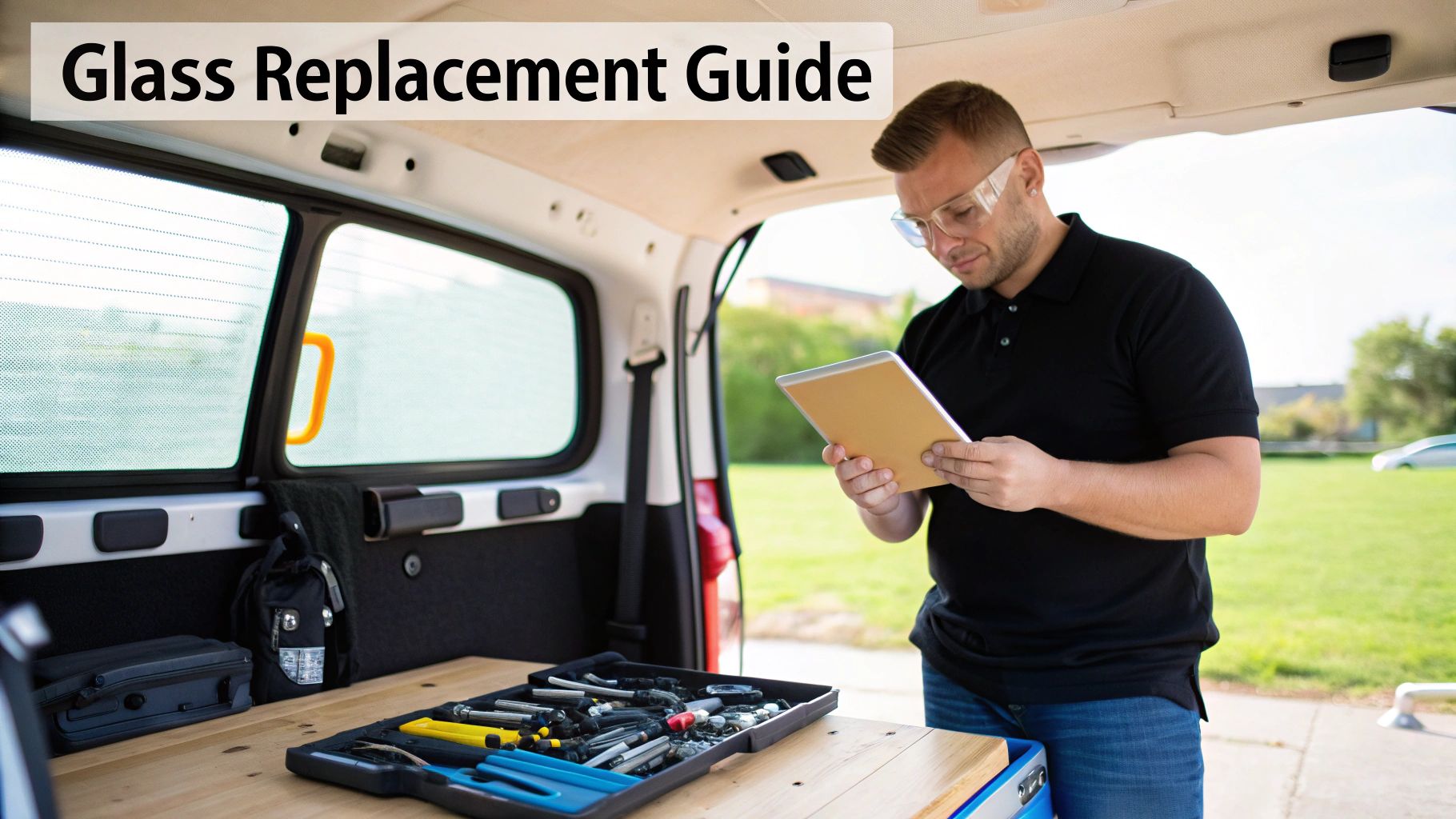 Technician in safety glasses reviews a tablet in a van equipped for automotive glass replacement.