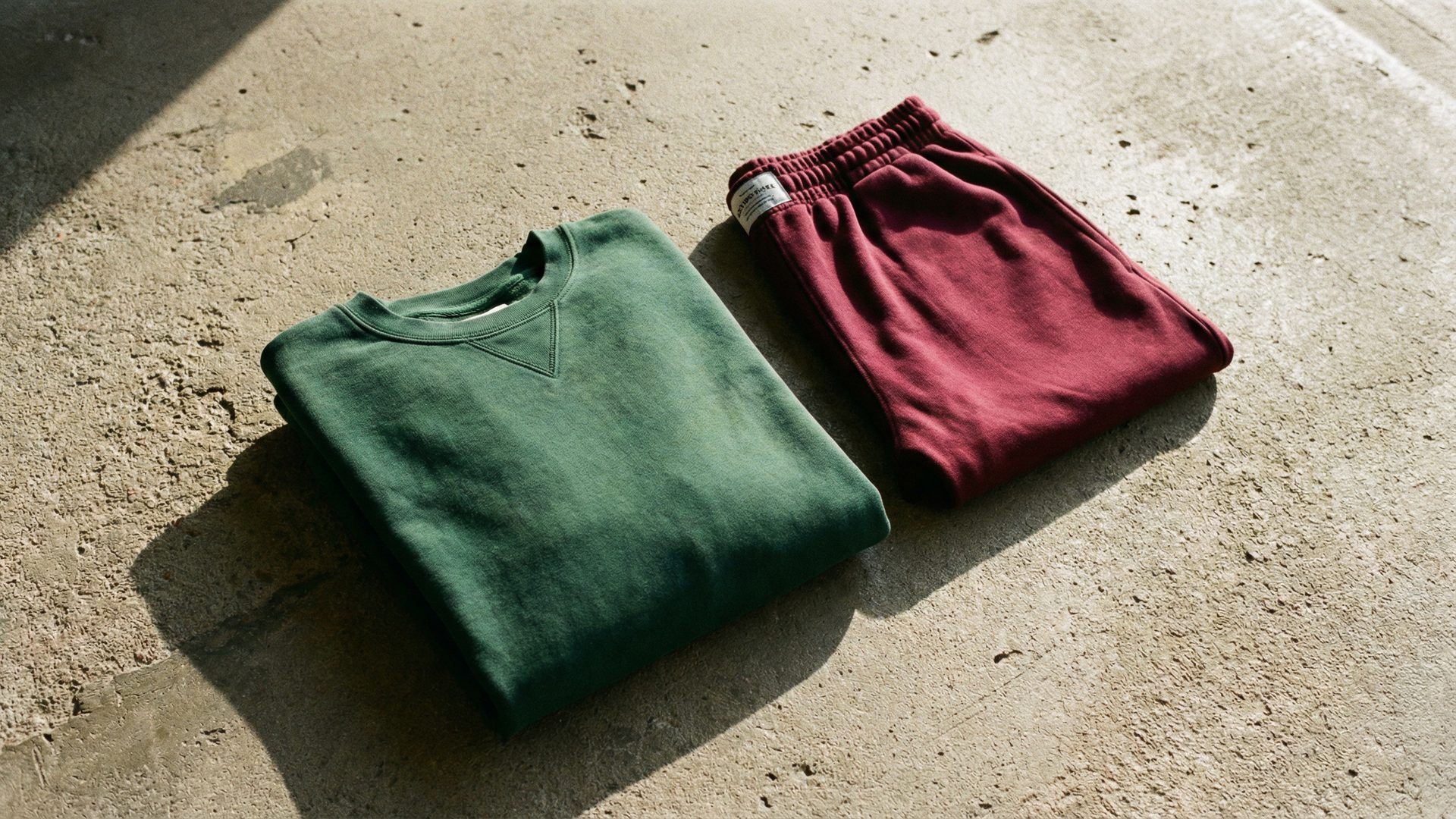 A premium product flat-lay on a raw concrete surface, featuring a perfectly folded, custom cut-and-sew heavyweight garment-dyed crewneck sweatshirt in a deep forest green and a pair of premium athletic shorts in a rich burgundy.