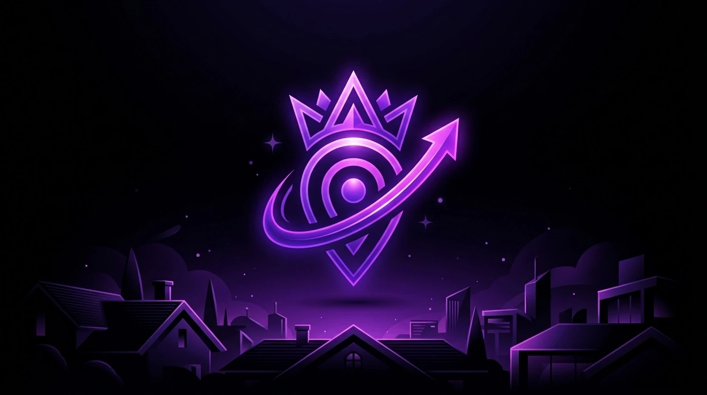 Unique cinematic illustration of a glowing crown merged with a location pin and upward growth arc above luxury rooftops in violet and magenta on a deep black background.