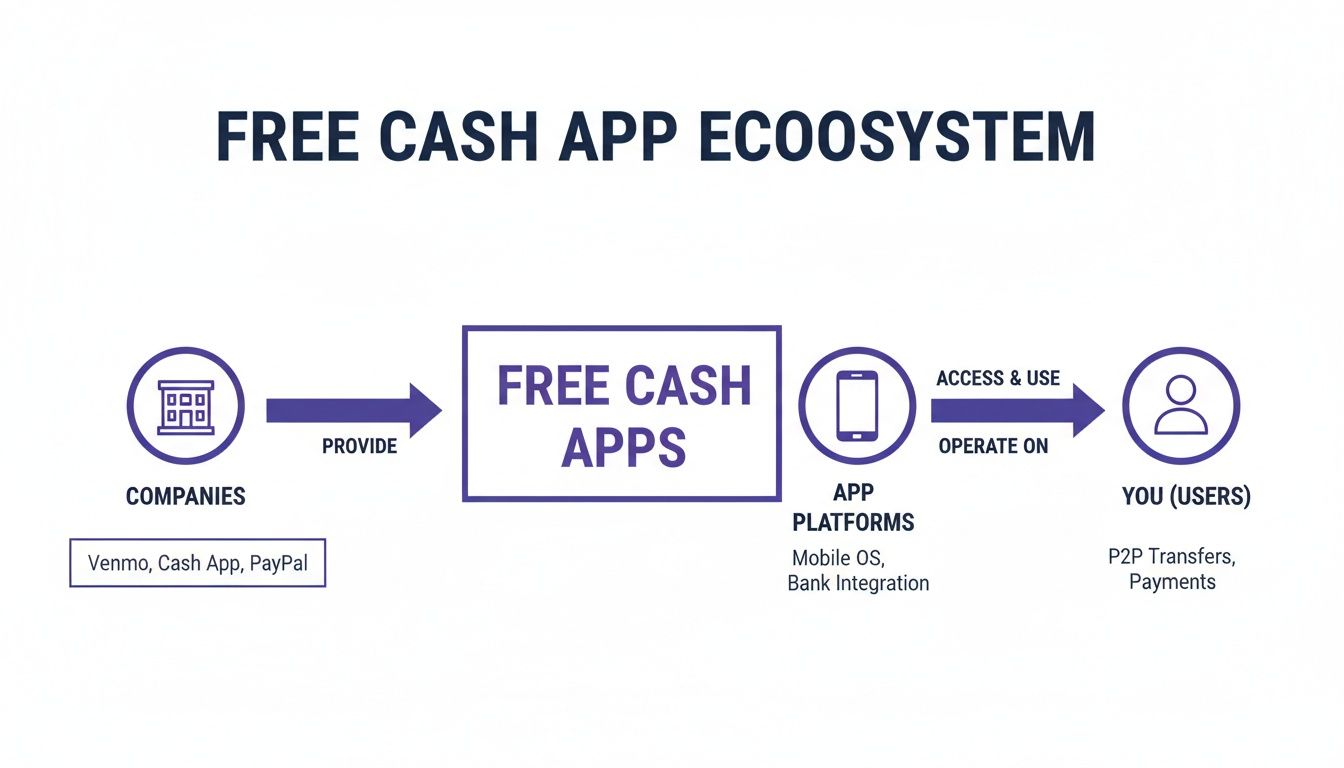 A diagram illustrates the free cash app ecosystem, showing companies, apps, platforms, and users.