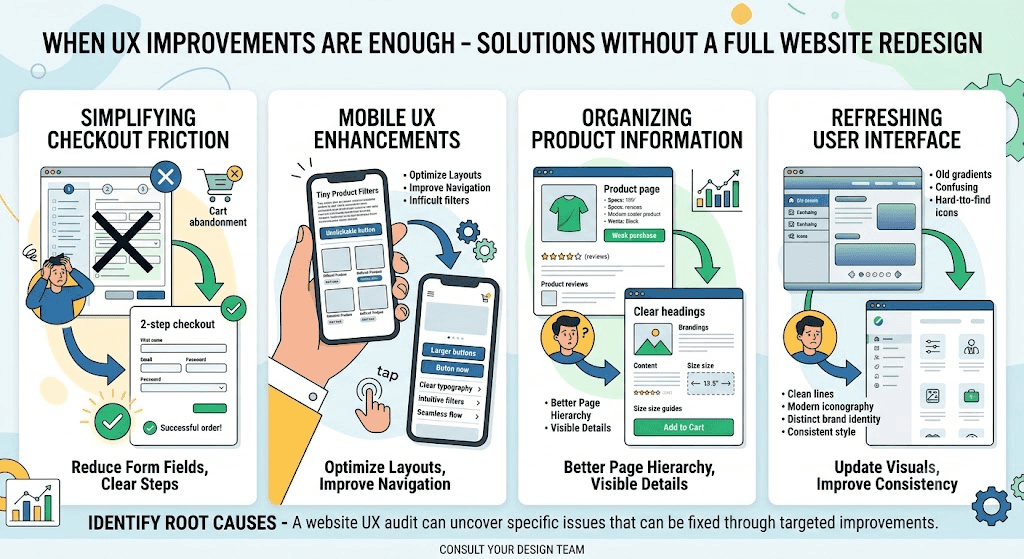 An infographic detailing UX-driven website solutions across four categories