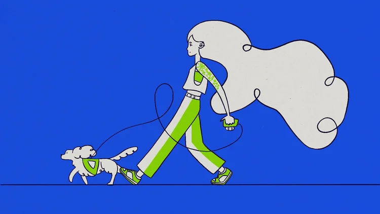a 2D Stylized character illustration of a woman walking her dog, both wearing matching green and white outfits, against a blue background.