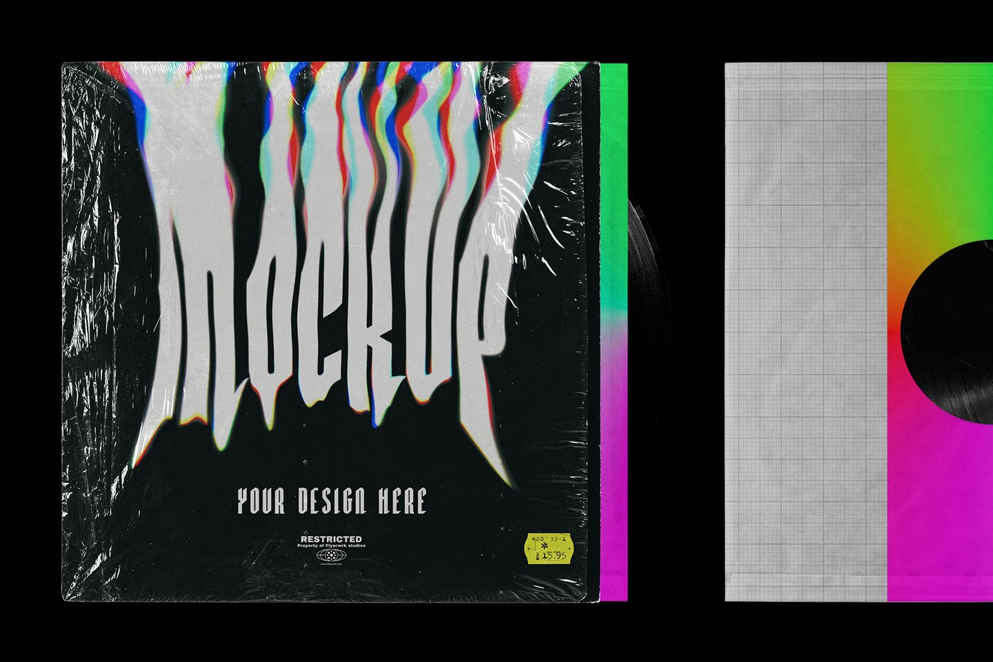 Vinyl record mockup with distorted album artwork preview and visible record sleeve