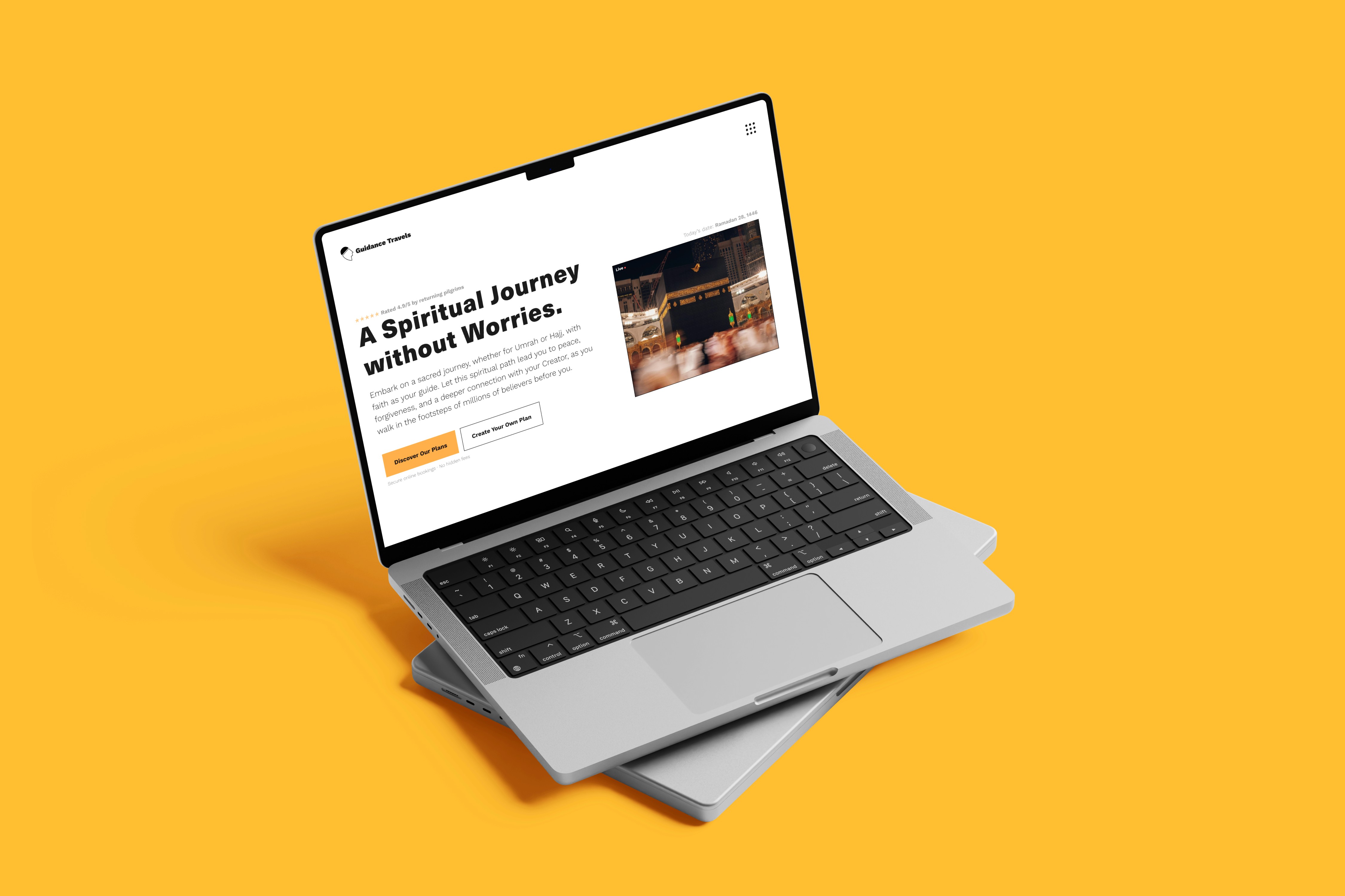 Laptop displaying a redesigned Hajj and Umrah travel agency website with a bright yellow background, showcasing a clean, trust-driven booking interface.