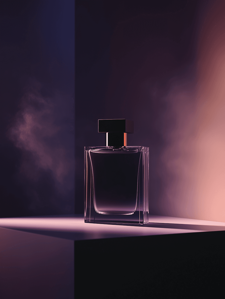 Moody, cinematic lighting highlights a luxury fragrance bottle