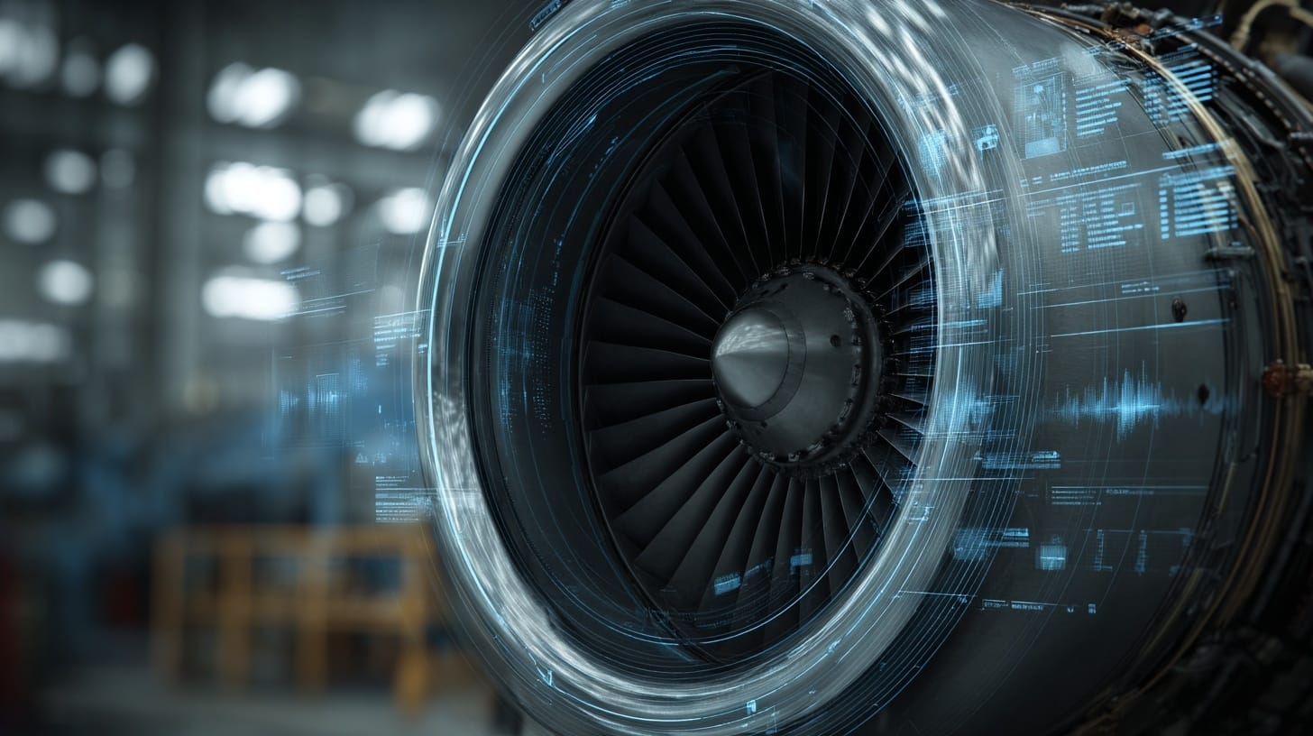 Close-up of a jet engine with digital interface overlays, representing aerospace operations, predictive intelligence, and high-precision logistics in a regulated industrial environment.