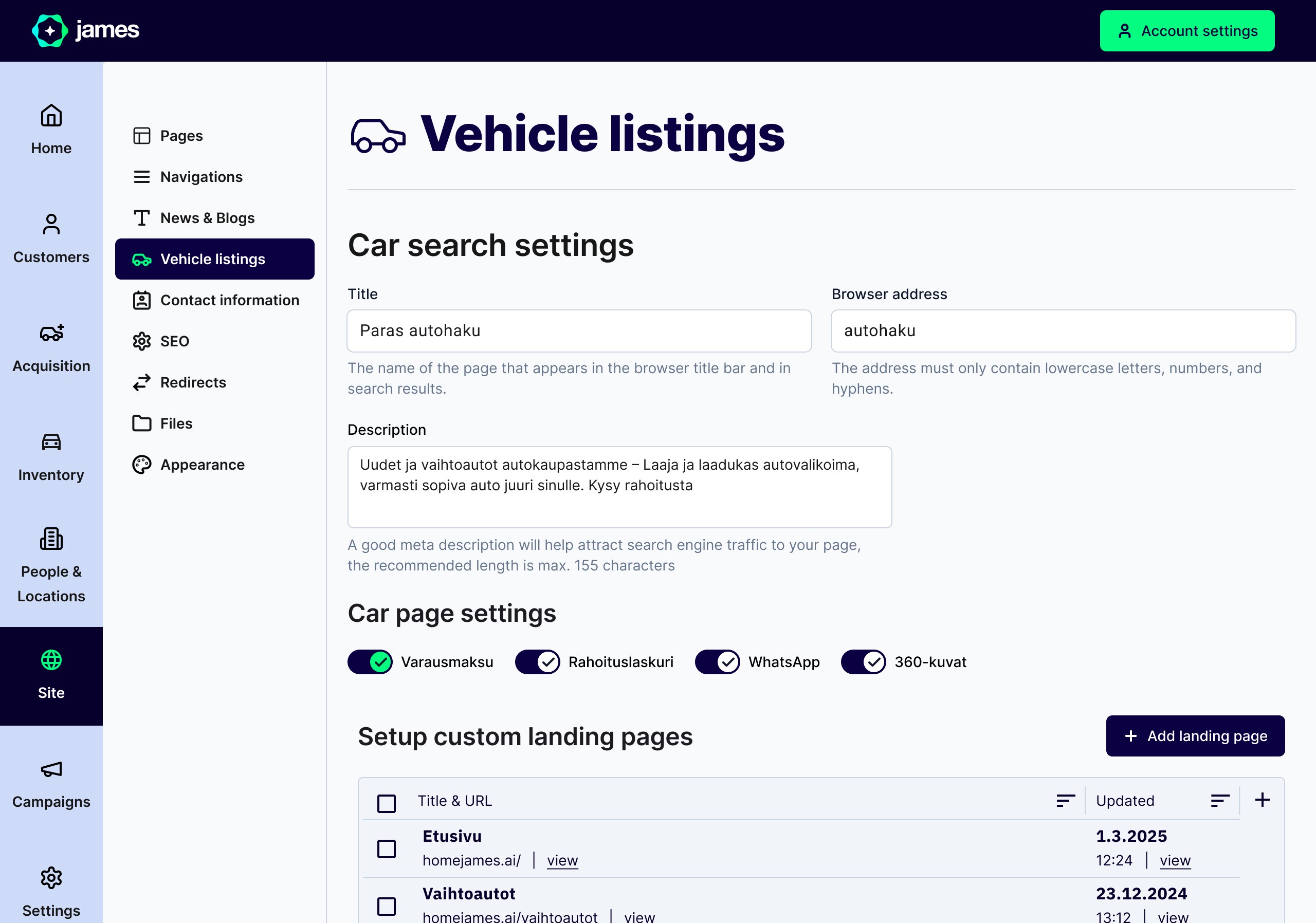 CMS autohaun asetukset