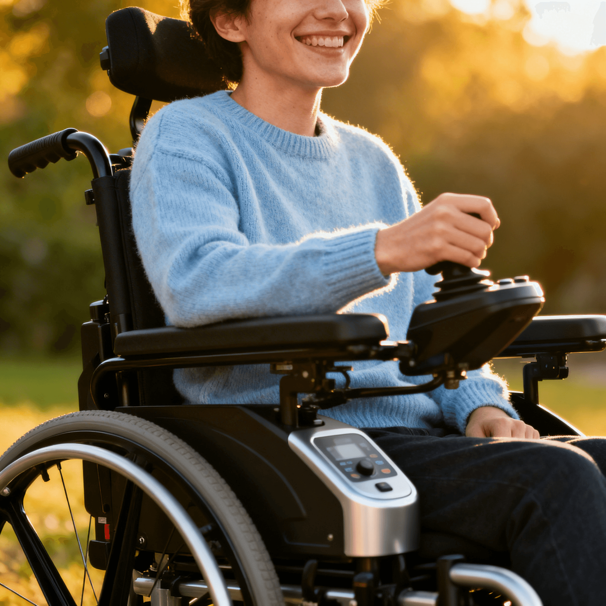 Smiling woman in a light blue sweater operating the joystick of her power wheelchair at sunset