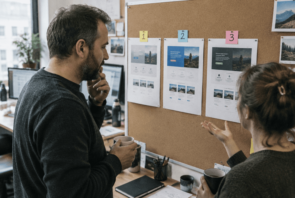 Marketer comparing two landing page variations side by side on a monitor