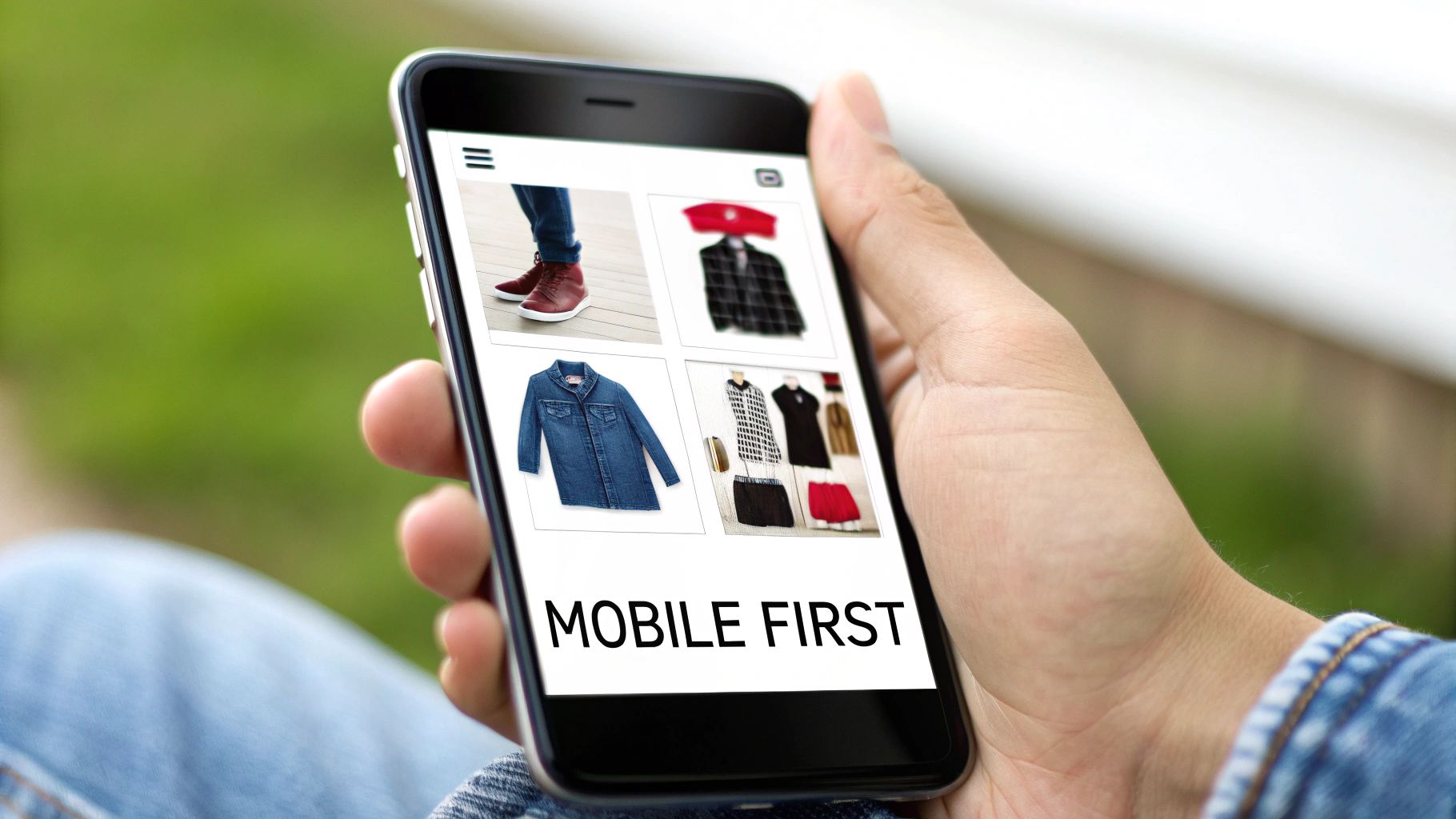 A person shopping online on their smartphone, with a clean and user-friendly mobile ecommerce interface