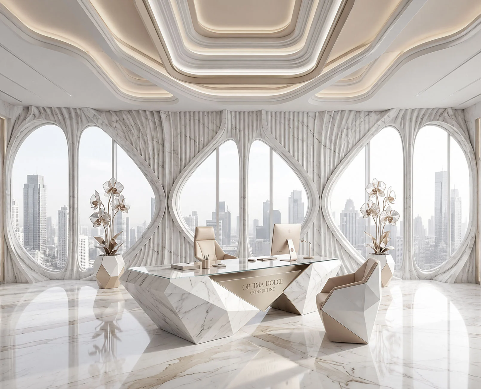 Minimalist hotel lobby with chandeliers, sofas and windows.