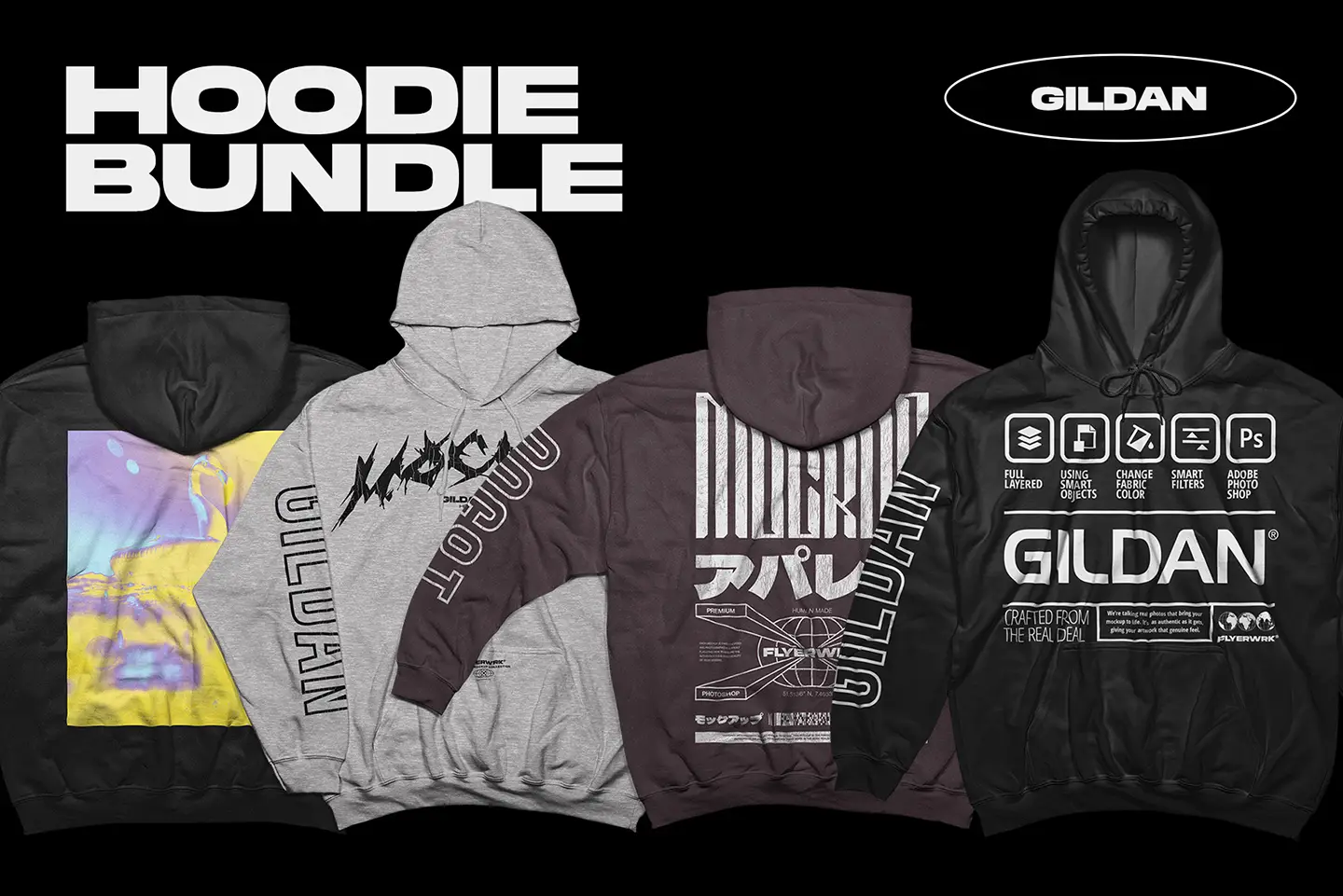 Gildan 18500 Hoodie Mockup bundle preview showing multiple apparel design examples