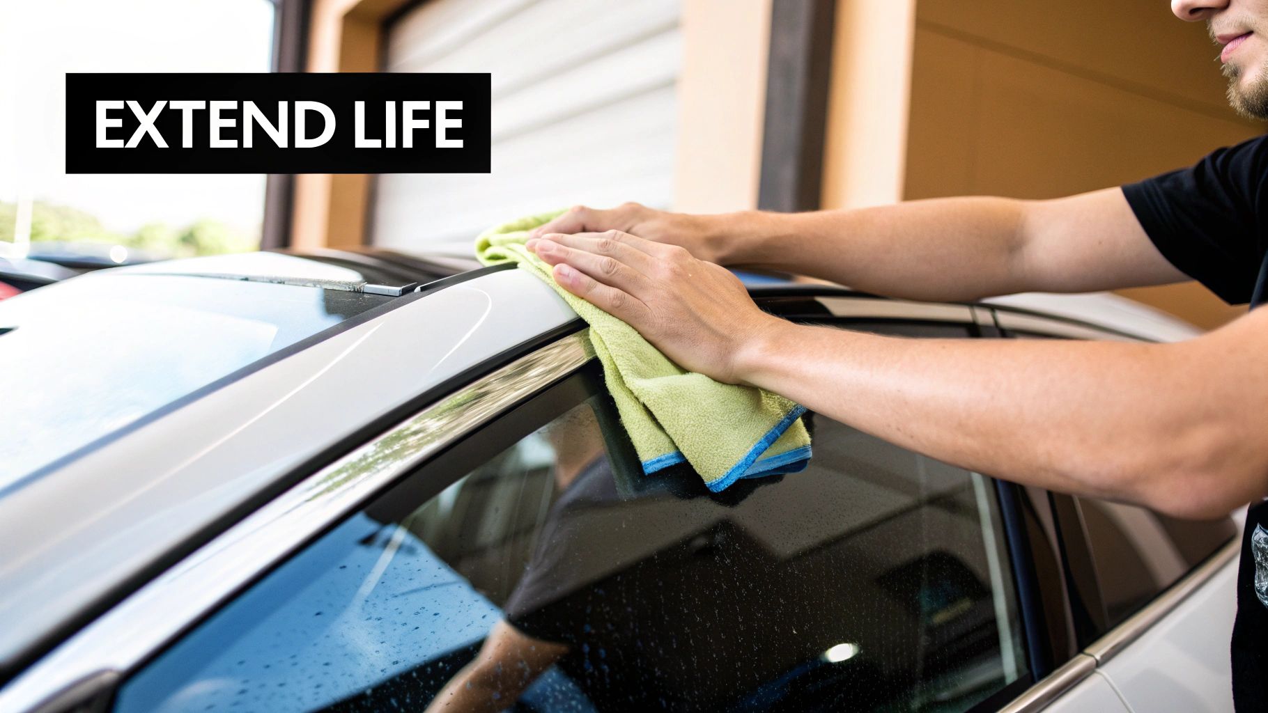 A person wiping a white car with a green microfiber towel, highlighting car care and maintenance.