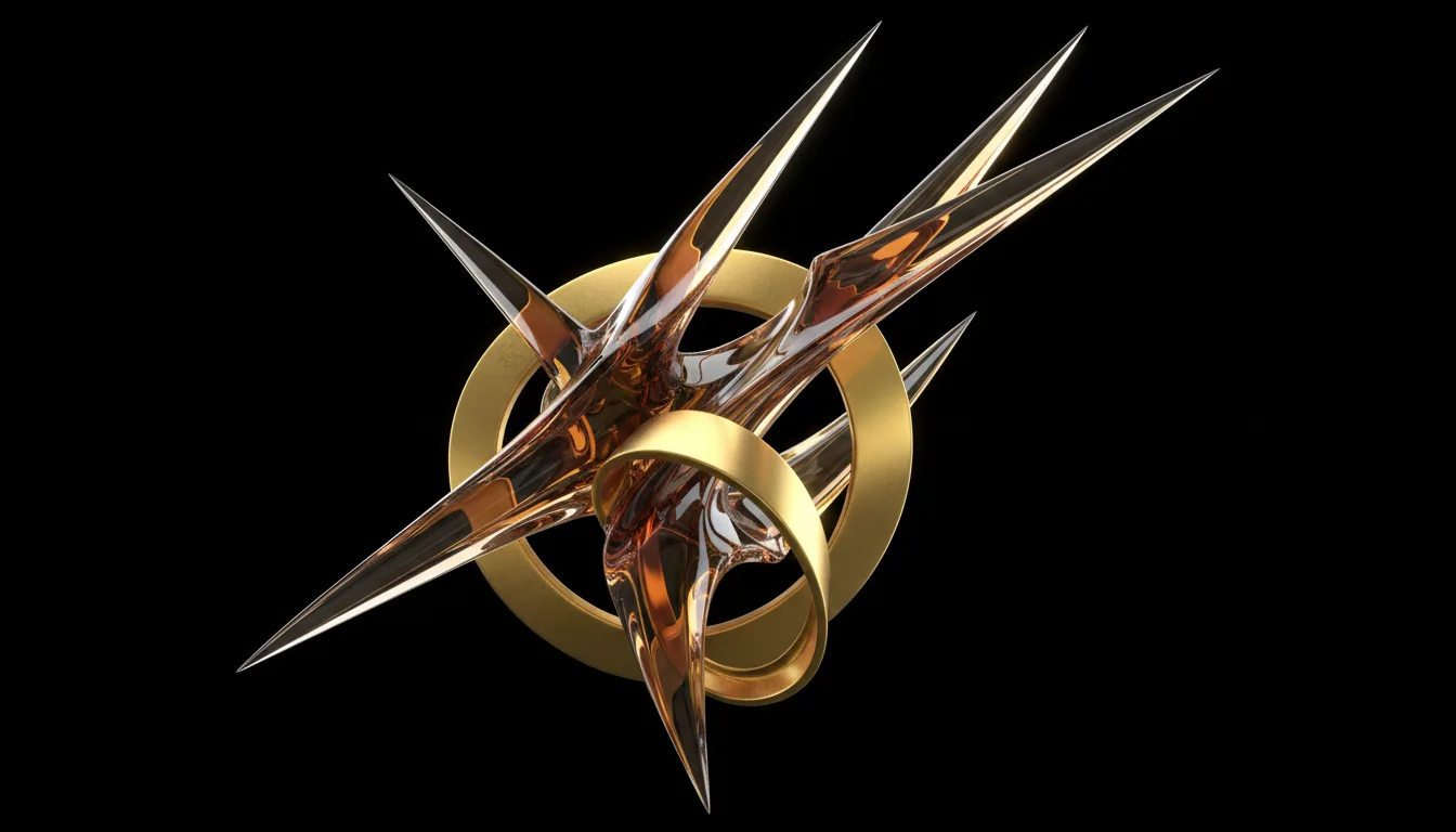 3D render, Blender style, of a dynamic abstract sculpture composed of flowing, sharp, elongated blades and intertwined curves. The material is a combination of highly reflective, translucent amber-colored glass and opaque, polished golden-yellow surfaces. The object is isolated against a pure black studio backdrop, dramatically lit by studio lighting that creates strong specular highlights and crisp reflections, emphasizing its complex form and sleek, futuristic aesthetic. high contrast, cinematic.