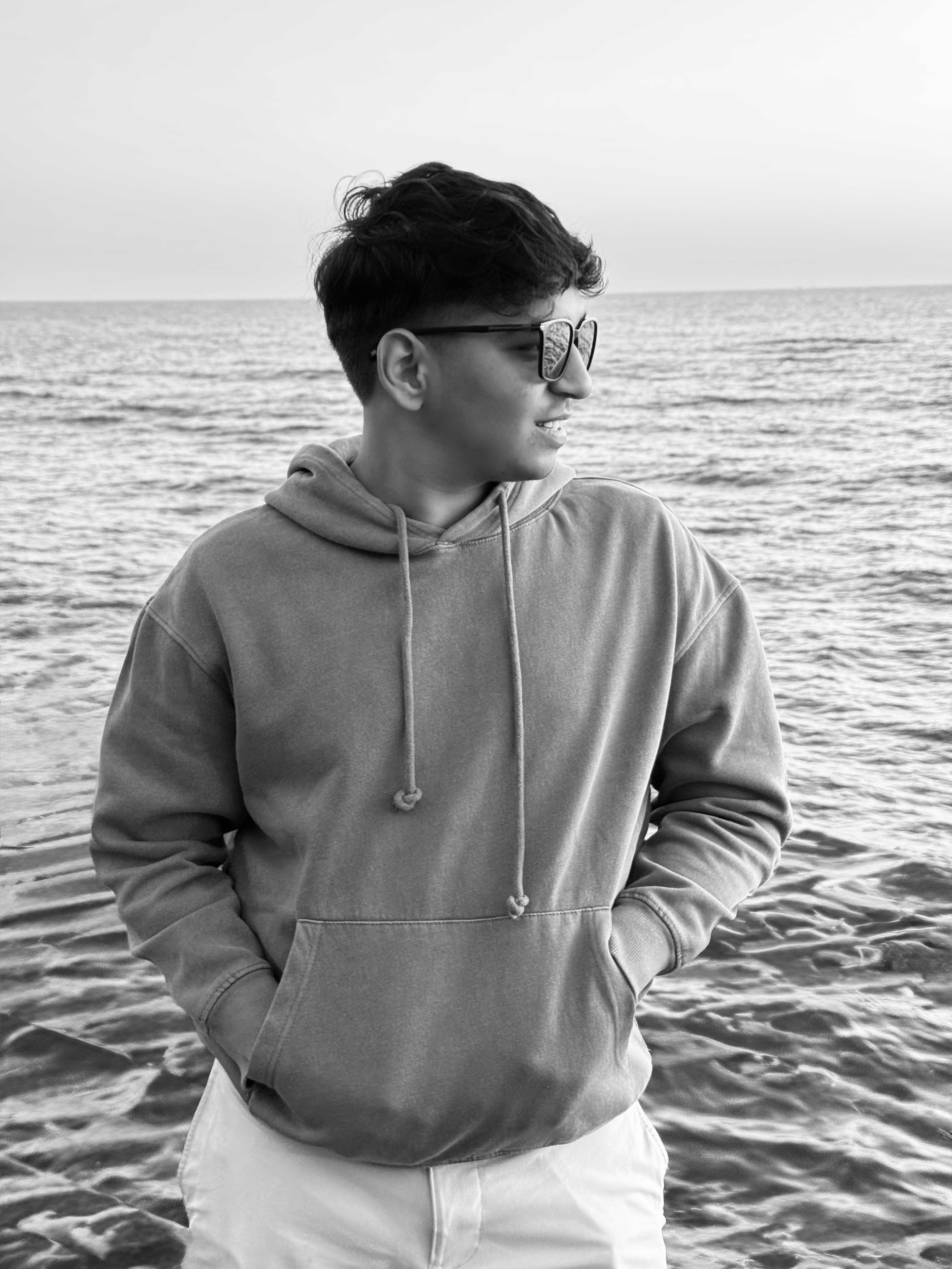 Atharva Ruikar, black and white portrait by the sea