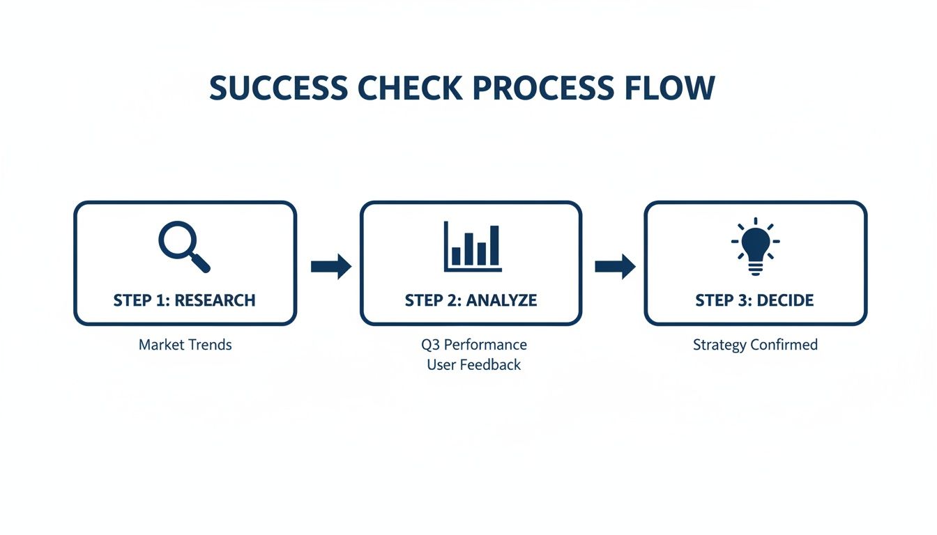 A success check process flow diagram illustrating three steps: Research, Analyze, and Decide.