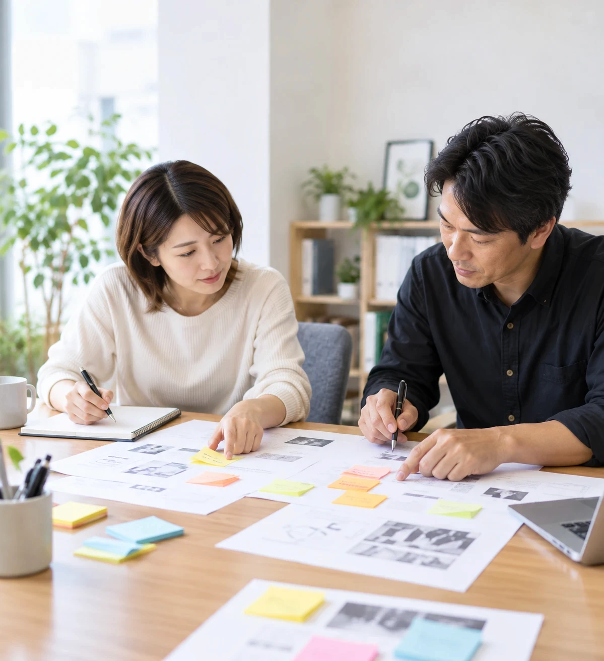 スタッフが付箋を使って業務の流れを整理する様子