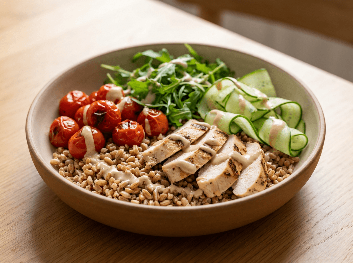 Anti-inflammatory chicken and farro power bowl with tahini dressing
