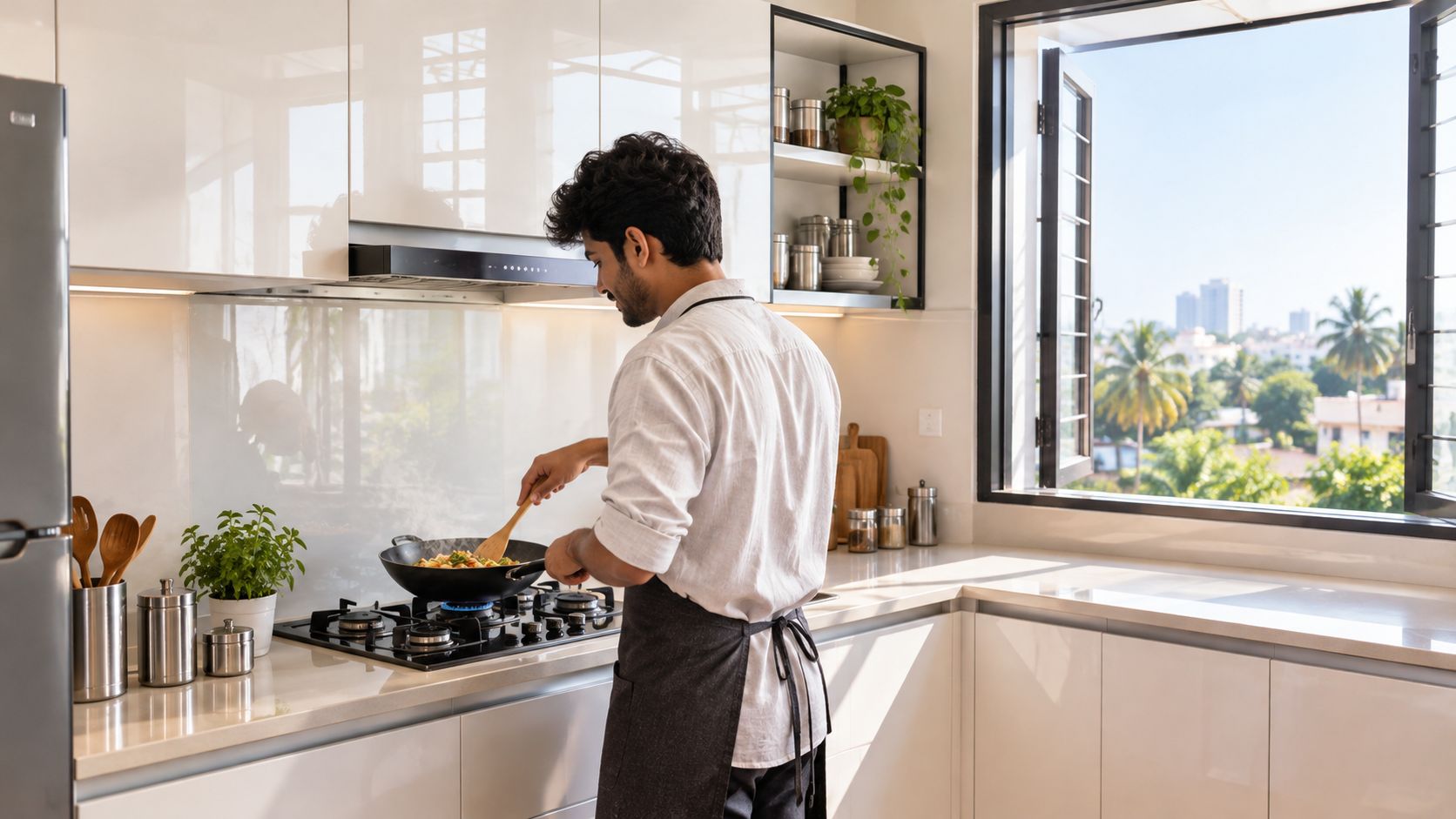 A young man wearing an apron cooking a stir-fry meal in a modern kitchen with acrylic cabinets.
