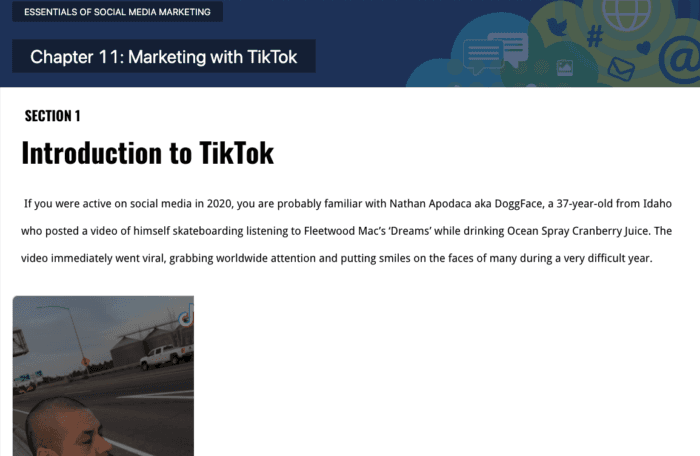 Screenshot of a digital textbook titled “Chapter 11: Marketing with TikTok.” Section 1, “Introduction to TikTok,” references Nathan Apodaca’s viral 2020 video skateboarding while drinking Ocean Spray and listening to Fleetwood Mac.