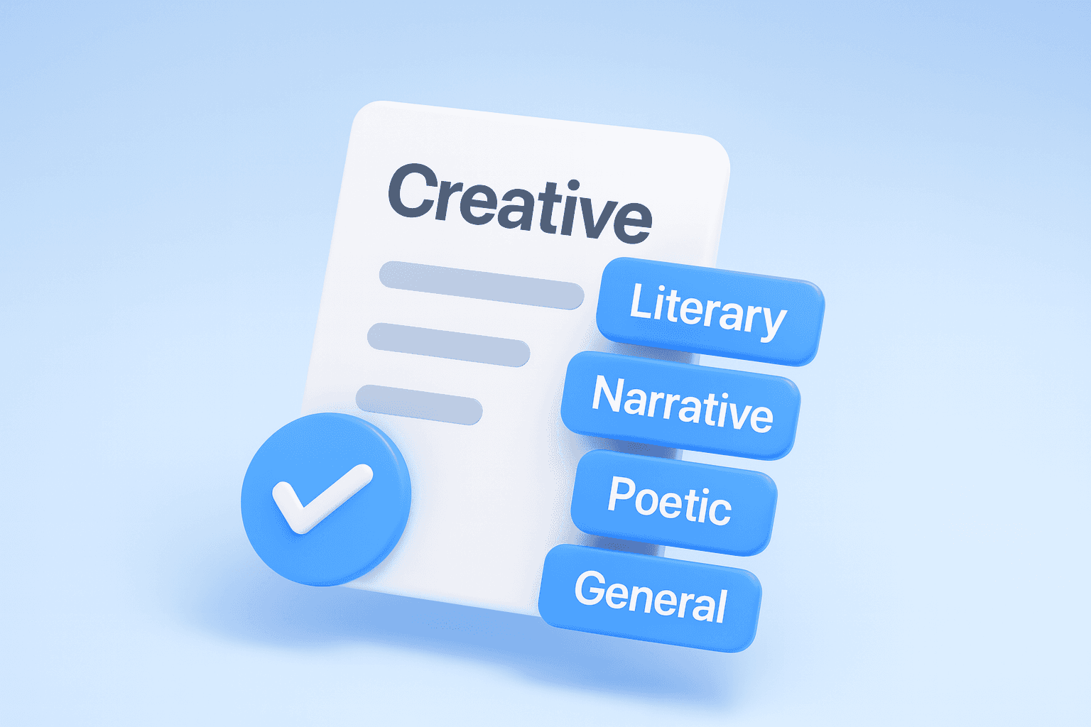 3D illustration of a document labeled “Creative” with four floating buttons showing sub-styles: Literary, Narrative, Poetic, and General. A checkmark badge is shown at the bottom left.