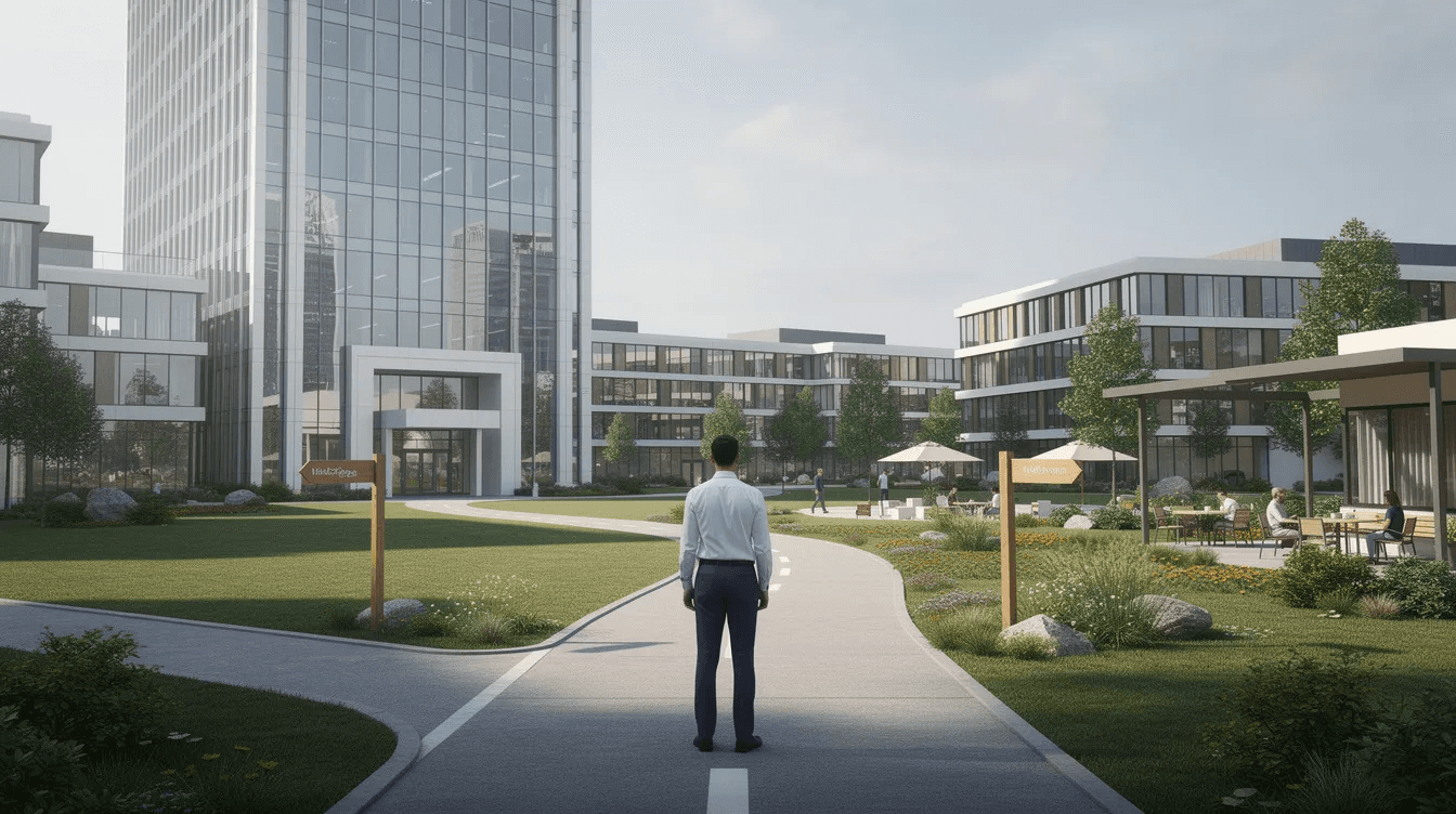 The image depicts a person standing at a crossroads, contemplating two distinct paths: one leading to a sleek corporate office building symbolizing traditional wealth and security, and the other leading to a sprawling business campus representing innovative opportunities for making millions.