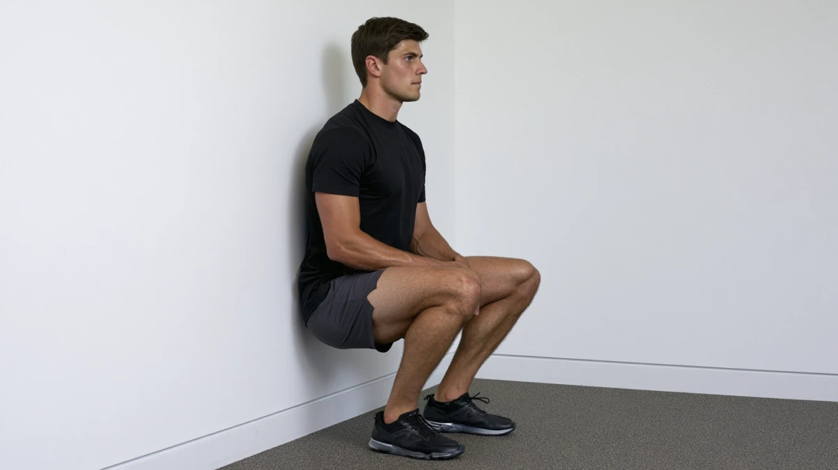A man holding a wall sit against a wall with trembling thighs in preparation for tremoring.