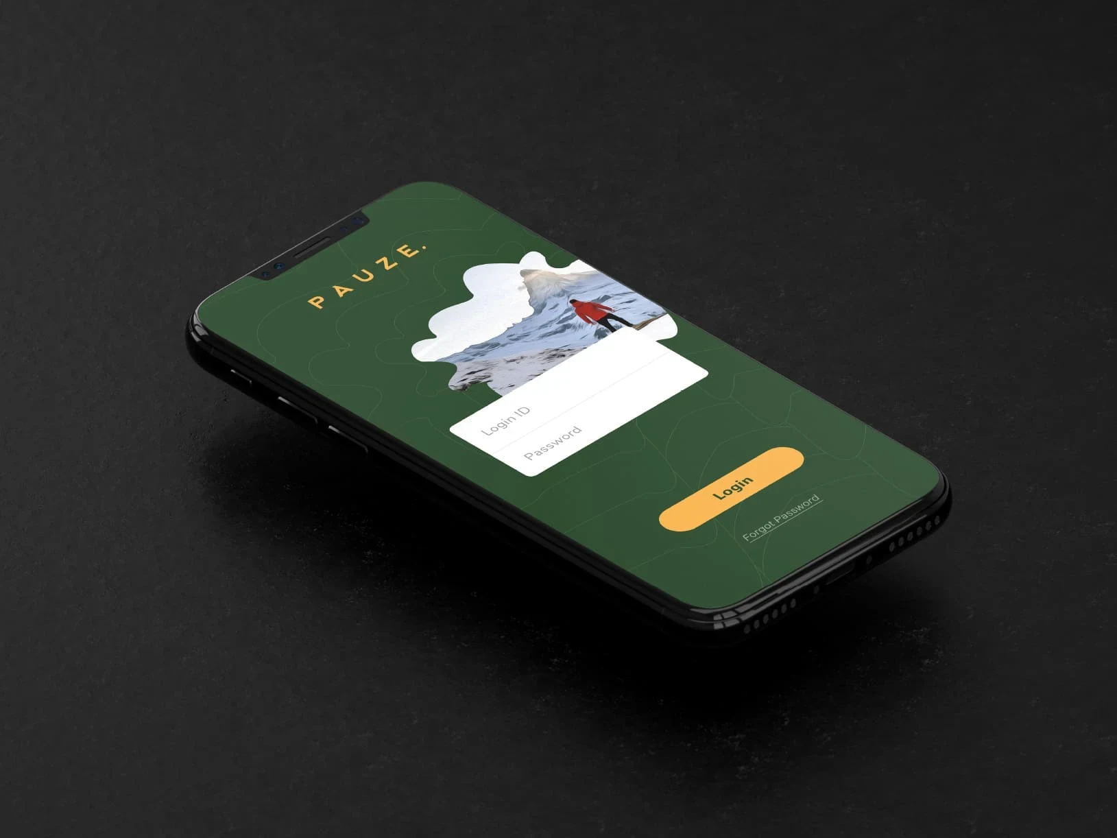 Angled smartphone displaying a green PAUZE app interface with a mountain photo card, white form fields, and an orange login button.