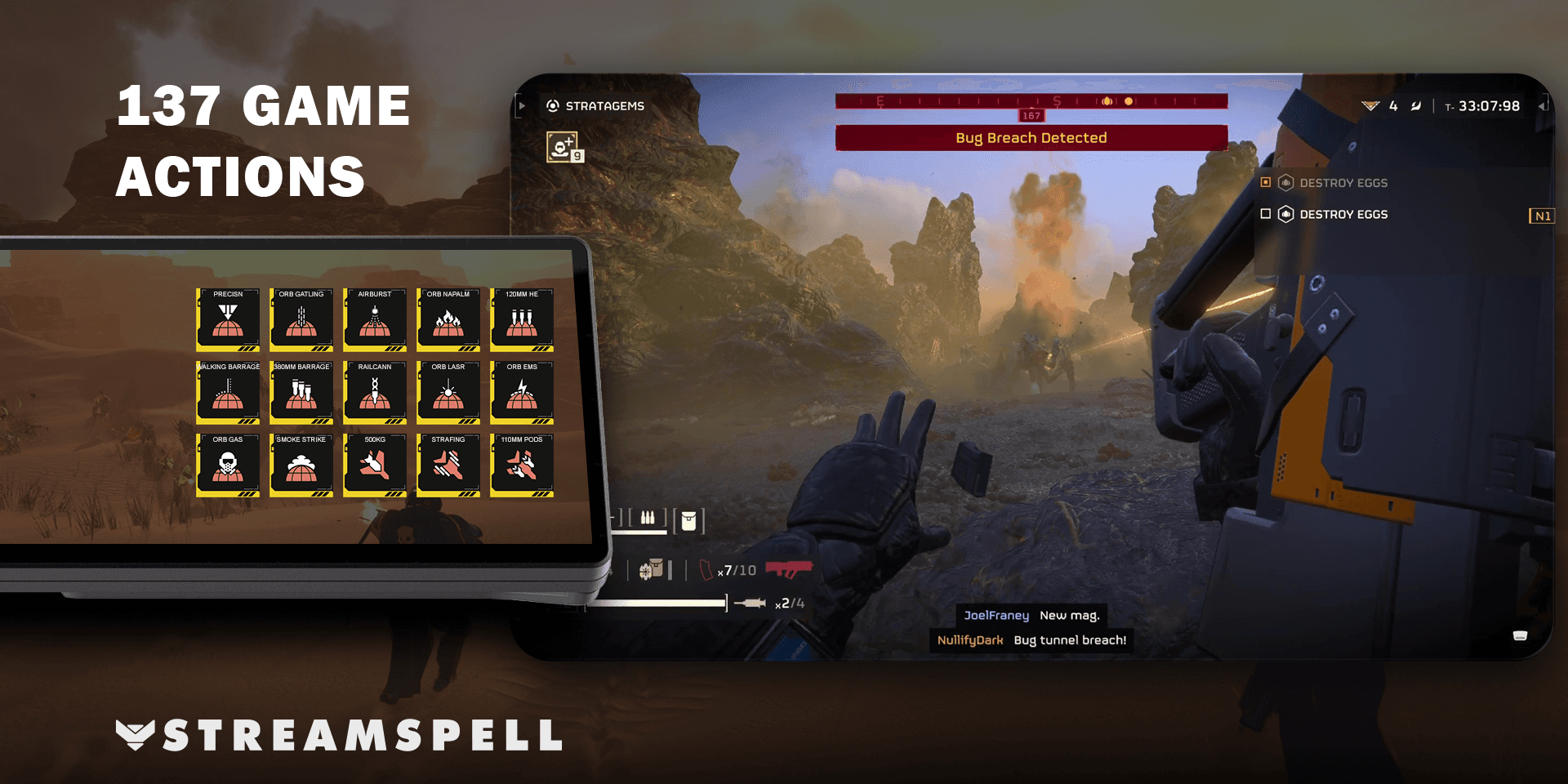 Helldivers 2 gameplay and selected stratagem symbols on the 15-key XENEON EDGE layout