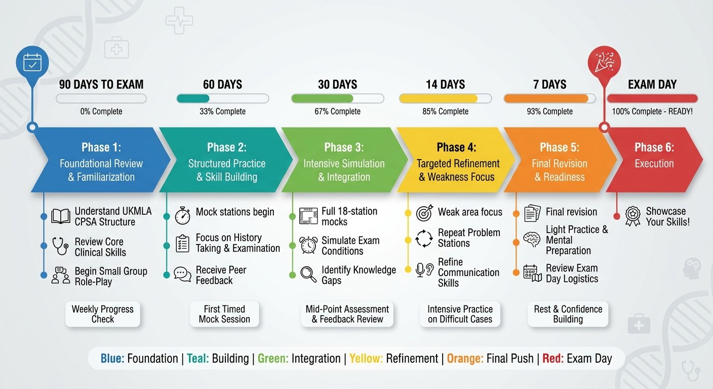 UKMLA CPSA revision strategy timeline showing 90-day countdown with weekly milestones and daily practice components
