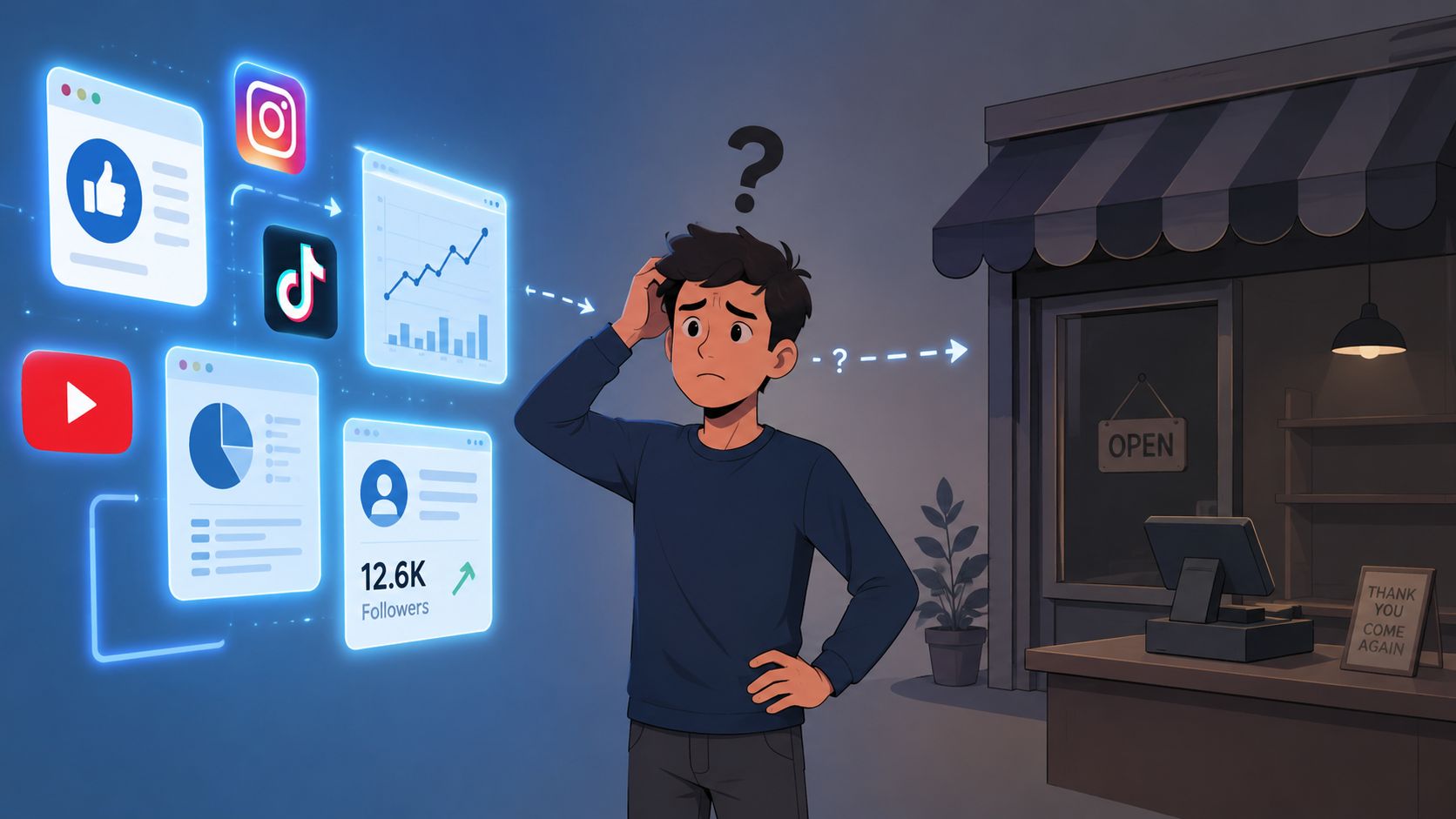Joven confundido observando métricas digitales de redes sociales y cuestionando cómo afectan a su tienda física.
