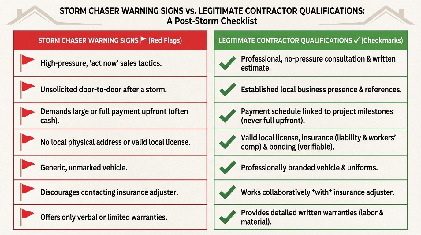 Storm chaser red flags versus qualified contractor checklist for roof repairs