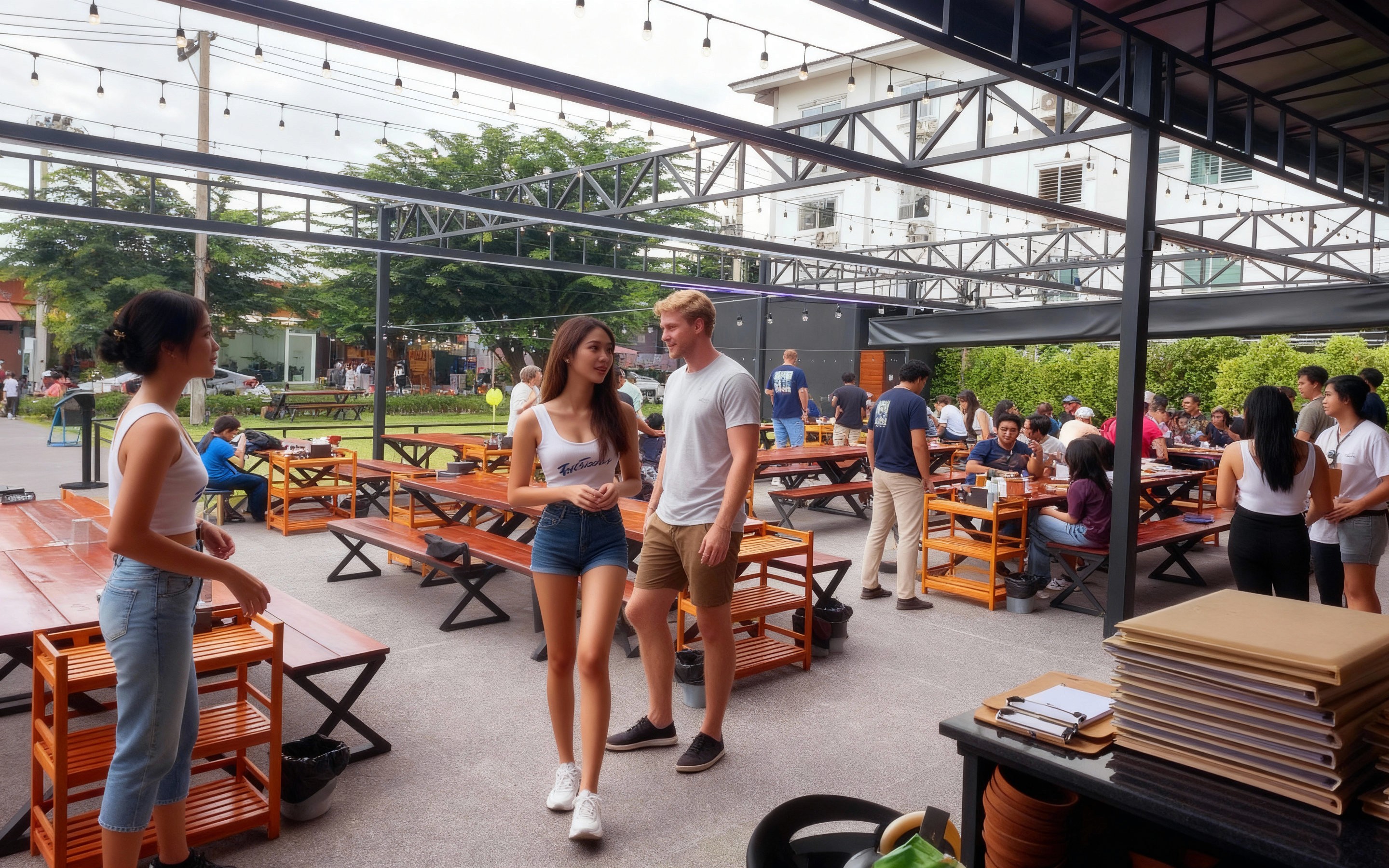 Outdoor social event in Chiang Mai with people chatting and mingling at long wooden tables under string lights, capturing a lively speed-dating or community meetup atmosphere in a casual open-air venue.